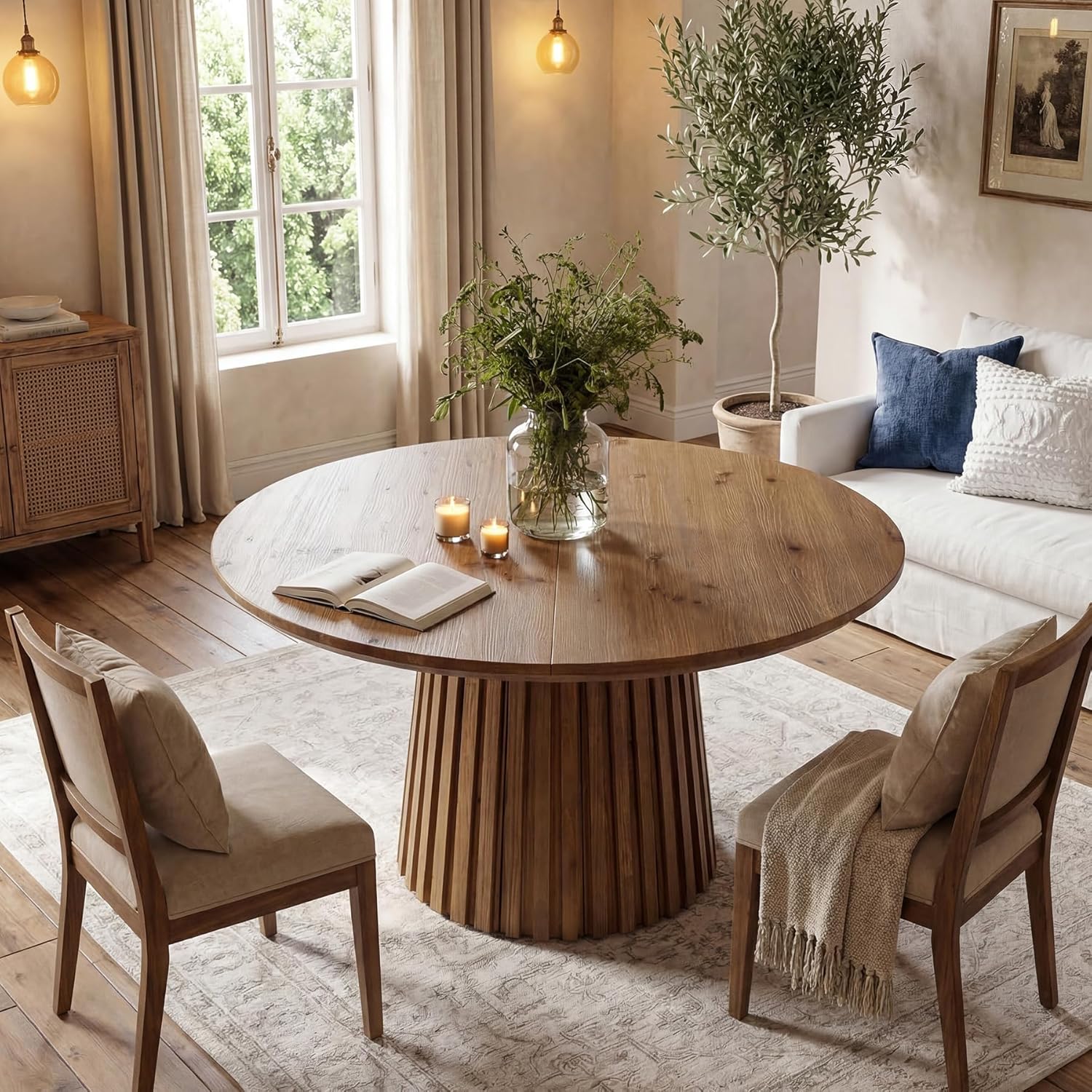 Solid Wood Dining Table for 4-6 People, 47.3'' Round Kitchen Table with Fluted Base, Farmhouse Accent Dining Room Furniture, Rustic Brown