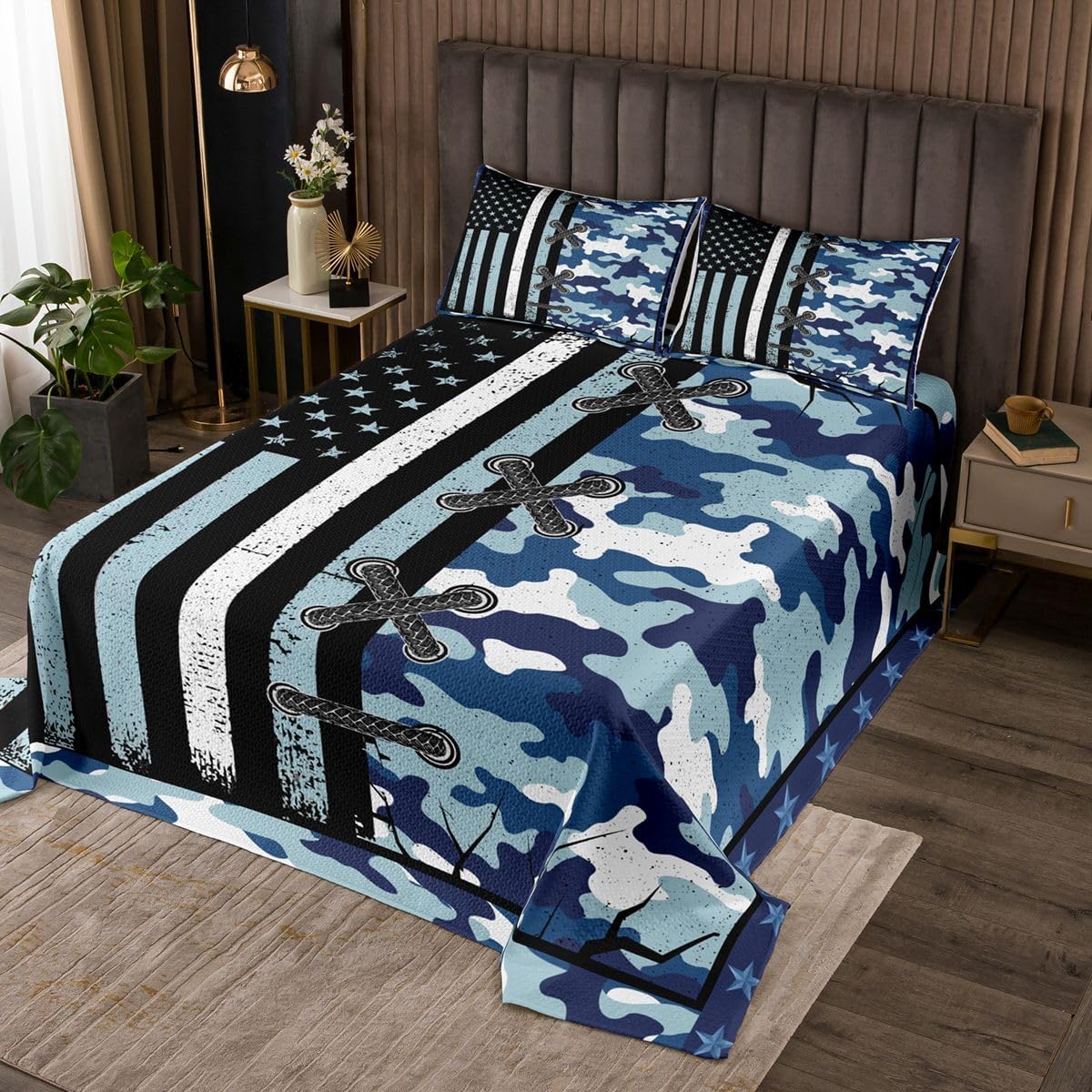 Erosebridal American Flag Bedding Set Twin for Boys Teen Military Camo Bedspread Adult Women Men Army Camouflage USA Flag Quilted Coverlet Vintage Camo American Flag Bedding Collections