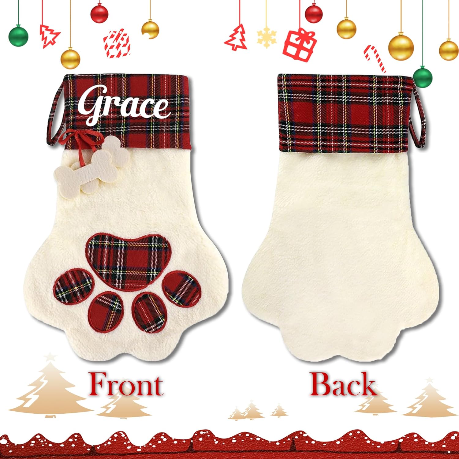 Personalized Dog Christmas Stocking, Custom Pet Paw Christmas Stocking with Name, Customized Xmas Stockings Plaid Cuff, Christmas Hanging Decor, Gifts for Dog, Cat, Pet, Kids, Family Set of 4