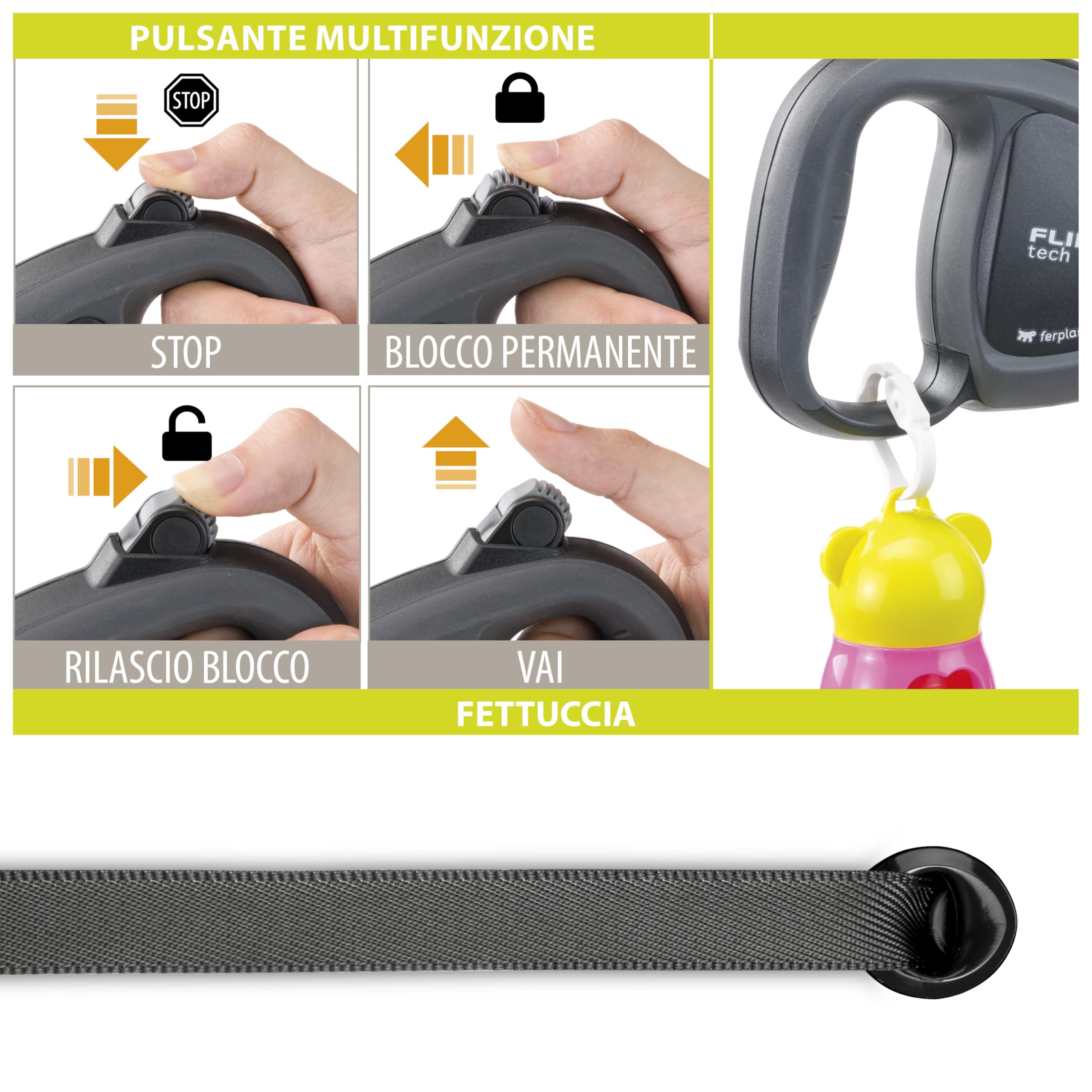 Ferplast Guinzaglio avvolgibile nylon regolabile tre funzioni FLIPPY TECH TAPE