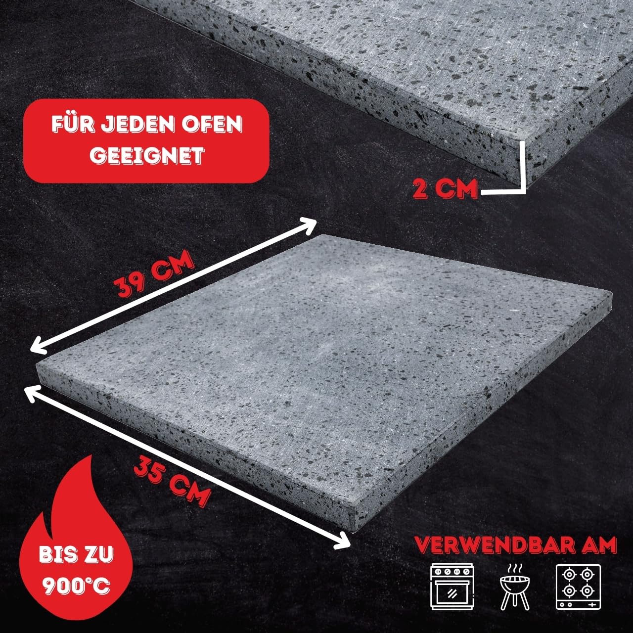 CUORE LAVICO - Ätna Lavastein für Pizza 39x35 x 2 cm | Pizzastein für für backofen und Grillofen für Brot, Pizza und römische Pinsa - Made in Italy - Sicily