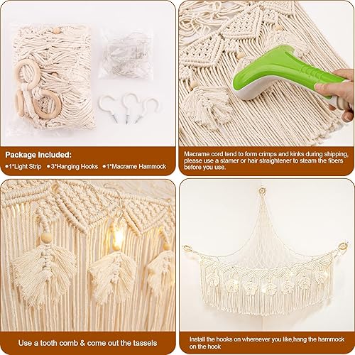 Vista 6 de ANROYE Hamaca de red de juguetes de peluche de macramé con luz de estrella, pequeños peluches bohemios, almacenamiento para guardería, organizador