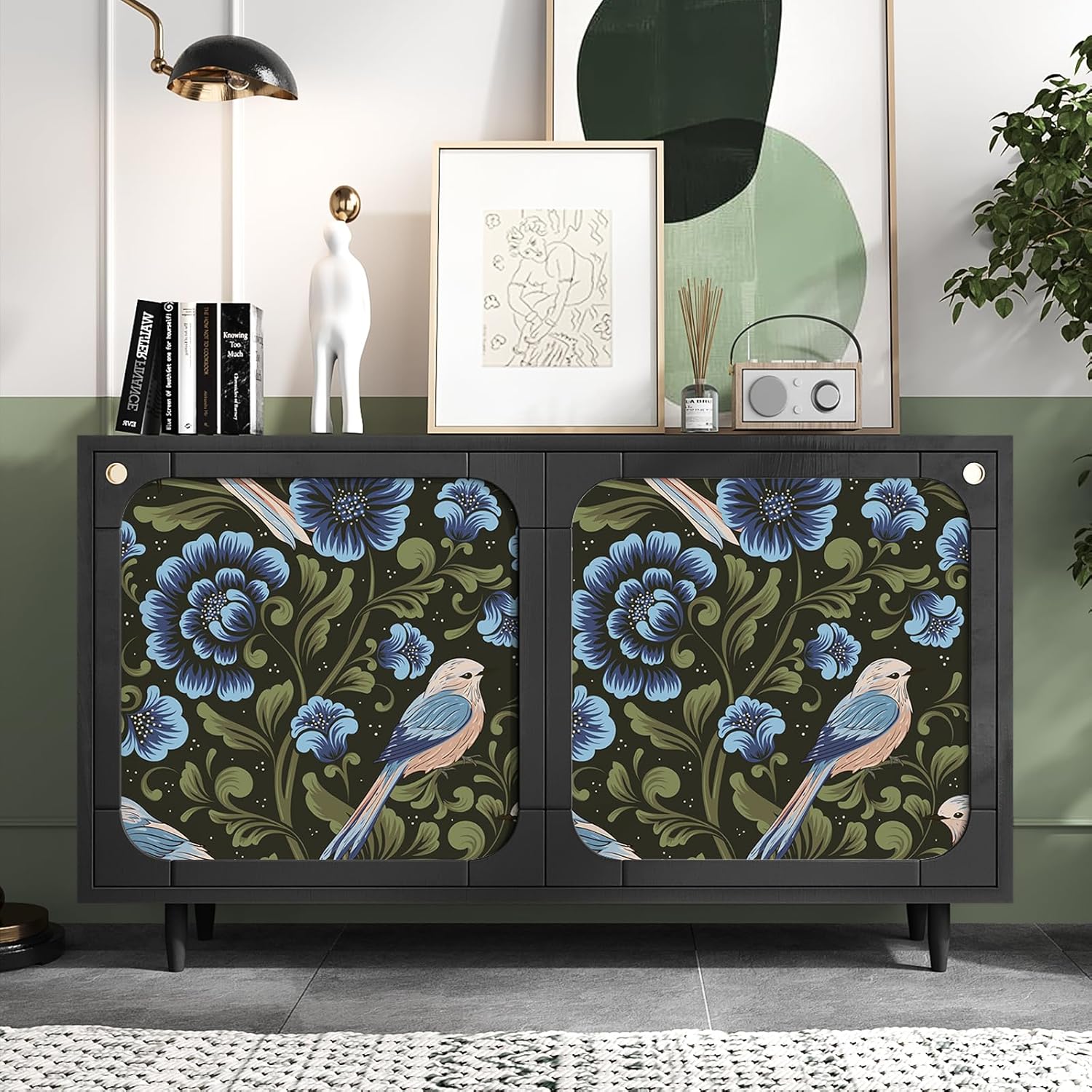 VEELIKE Baroque Bird Wallpaper Stick and Peel Removable Dark Green Floral Wallpaper for Bedroom Bathroom 17.7''x118'' Prepasted Vintage Wall Paper Self Adhesive Floral Contact Paper for Cabinet Drawer