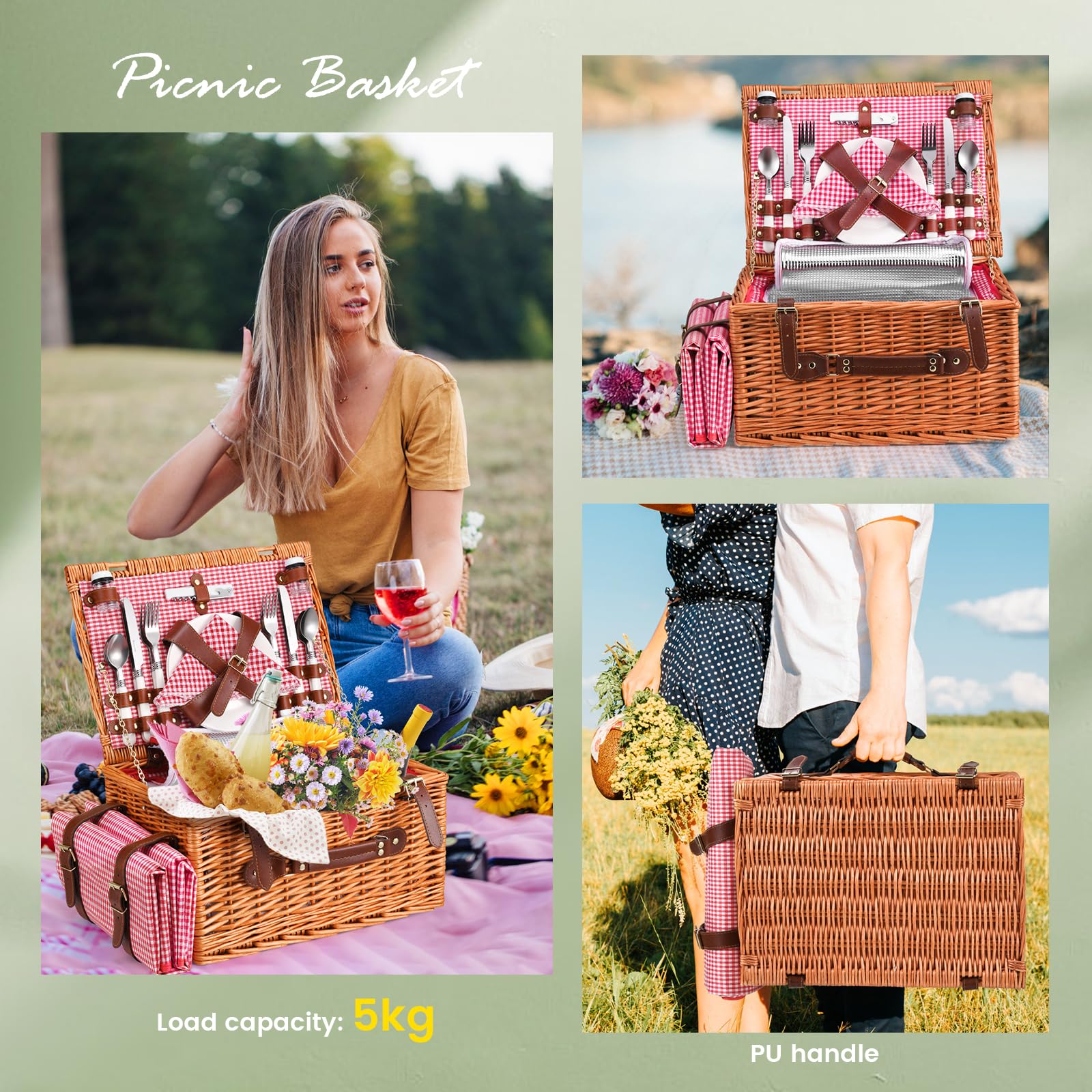 Cestino Picnic, Cesto Picnic Vimini con Scomparto Termico,Cestino Vimini con Coperta Impermeabile e Set di Posate, Set Pic Nic 4 Persone per Campeggio, Cestino Pic Nic (Rosa)