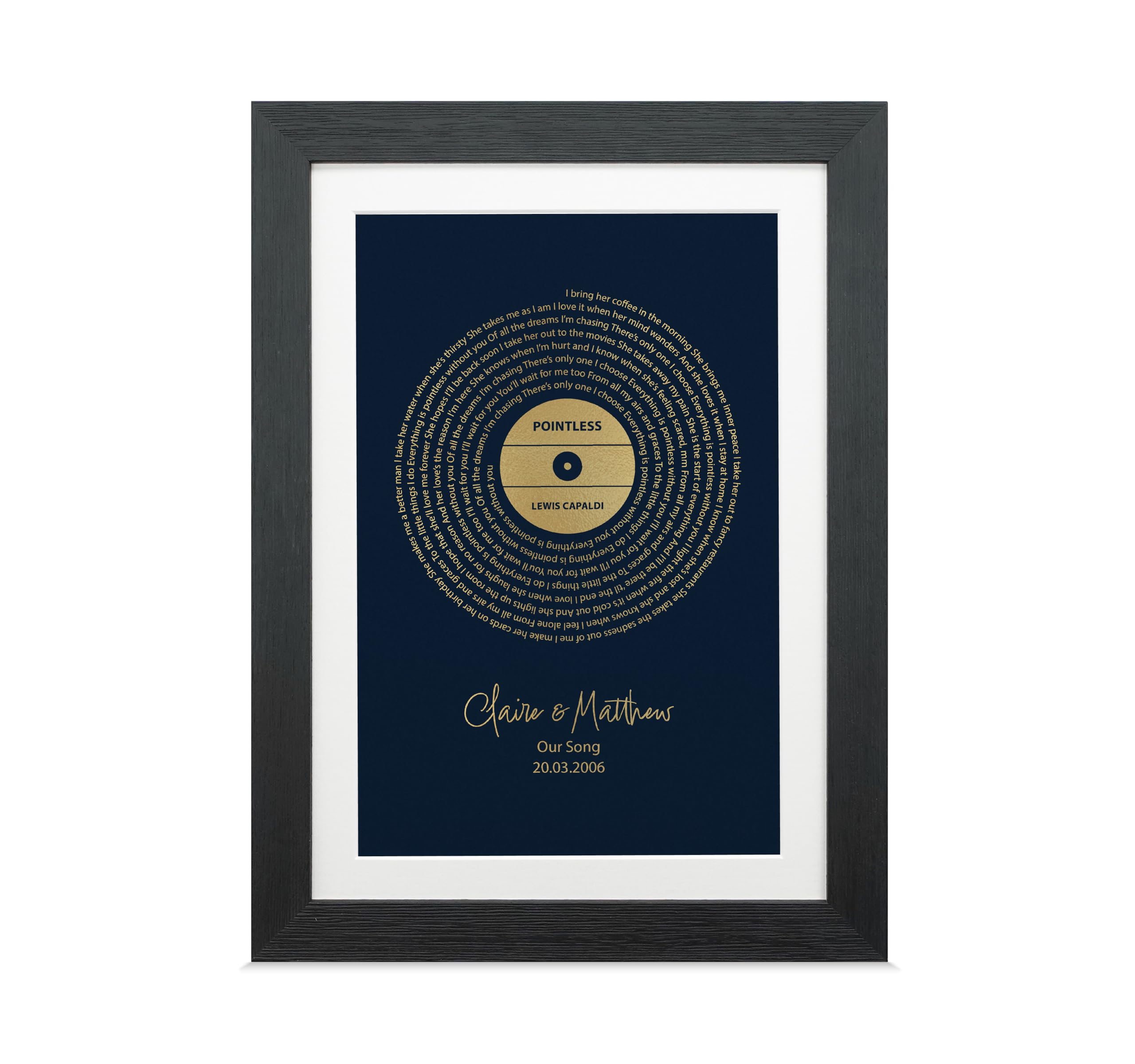 VerbatimART Personalised Metallic Foil Song Lyrics Print - Custom First Dance Wedding Song Gift (Premium Frame, A3 (30 x 42cm))