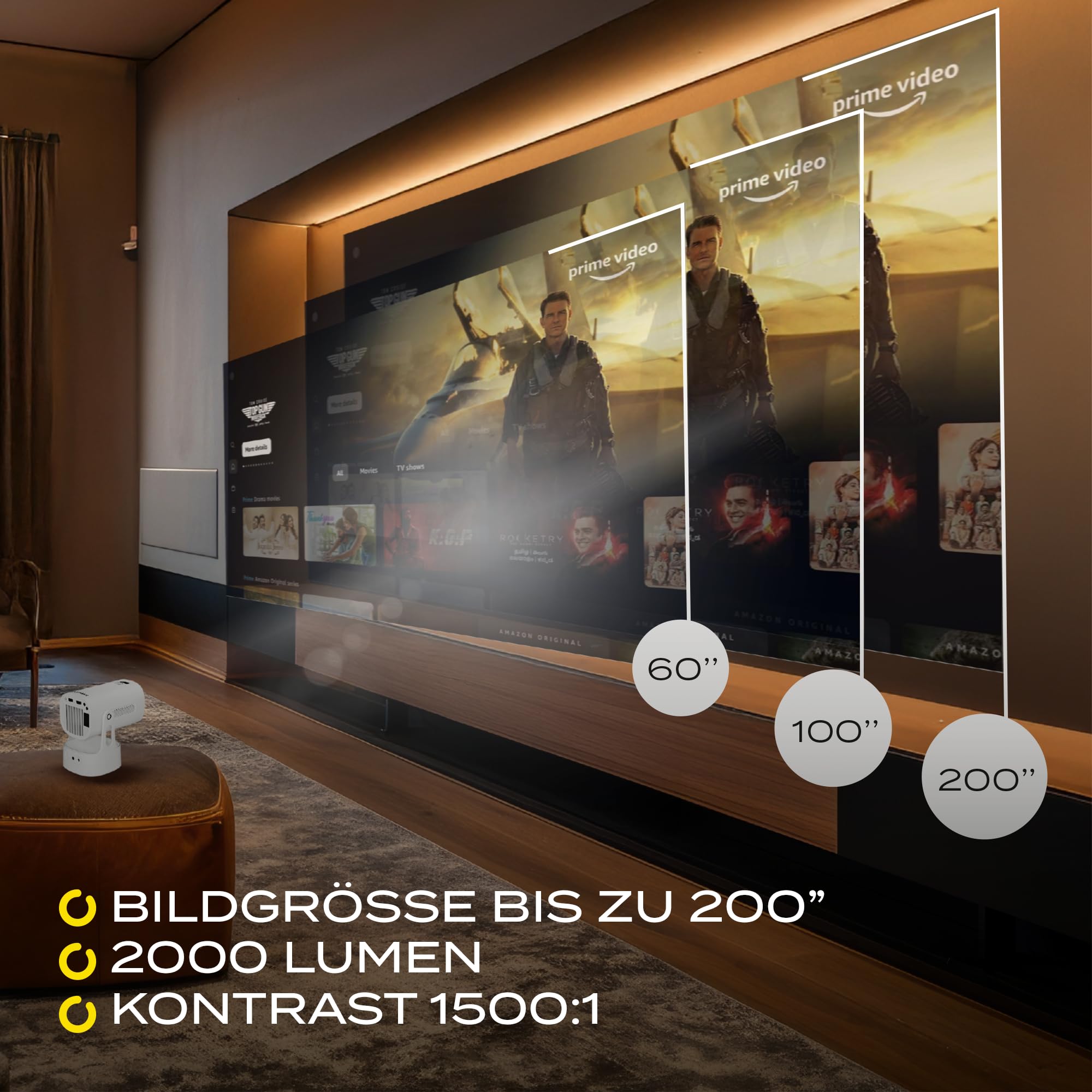 OVERMAX MULTIPIC EZ Mini Projektor 4K FullHD, 120 Min. Akkulaufzeit 5000mAh, Trapezkorrektur, Bild bis zu 200", Wi-Fi, Bluetooth, 2000 Lumen 120 ANSI, Nightsky & Ambiente, Fernbedienung, Android