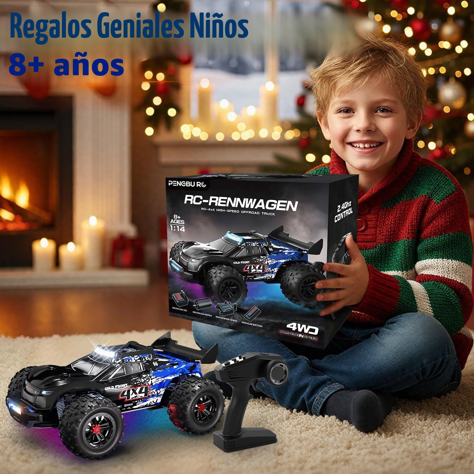 Coche teledirigido de 40 km/h, 1/14 RC coche con 7 luces de colores, 2,4 GHz, camión monstruo teledirigido con 2 baterías de 2000 mAh, 4 WD, camión monstruo teledirigido RTR All Terrain, RC Truck para
