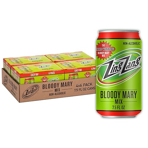 Zing Zang Bloody Mary Mix, mezclador de cóctel sin alcohol con una mezcla de jugo de siete verduras y especias de sabor audaz, latas de 7.5 onzas
