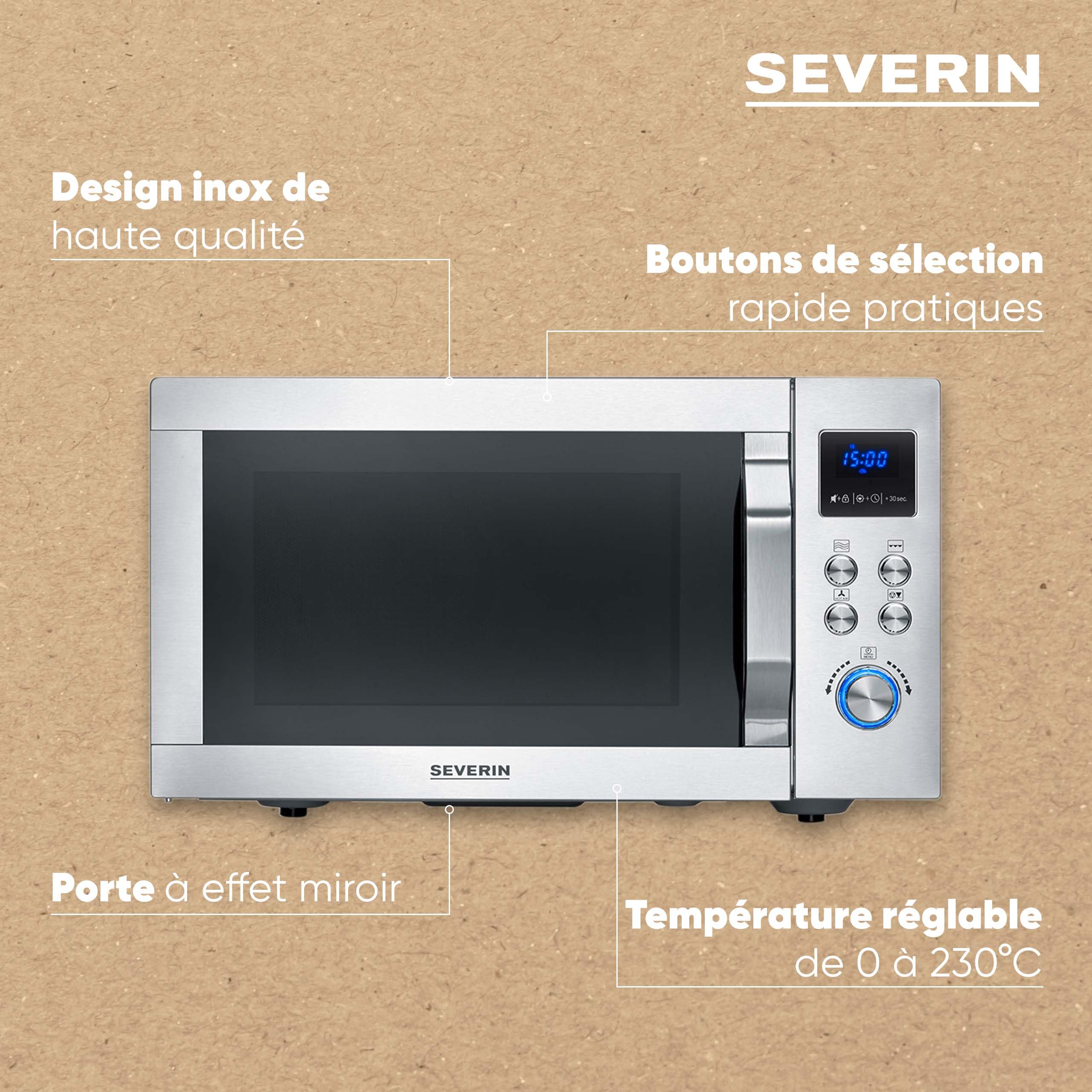 SEVERIN Four à micro-ondes 25 L - 4-en-1 : Micro-ondes + Four + Gril + Air fryer, Micro-onde avec 10 niveaux de puissance, 10 programmes automatiques, Inox, MW 7982