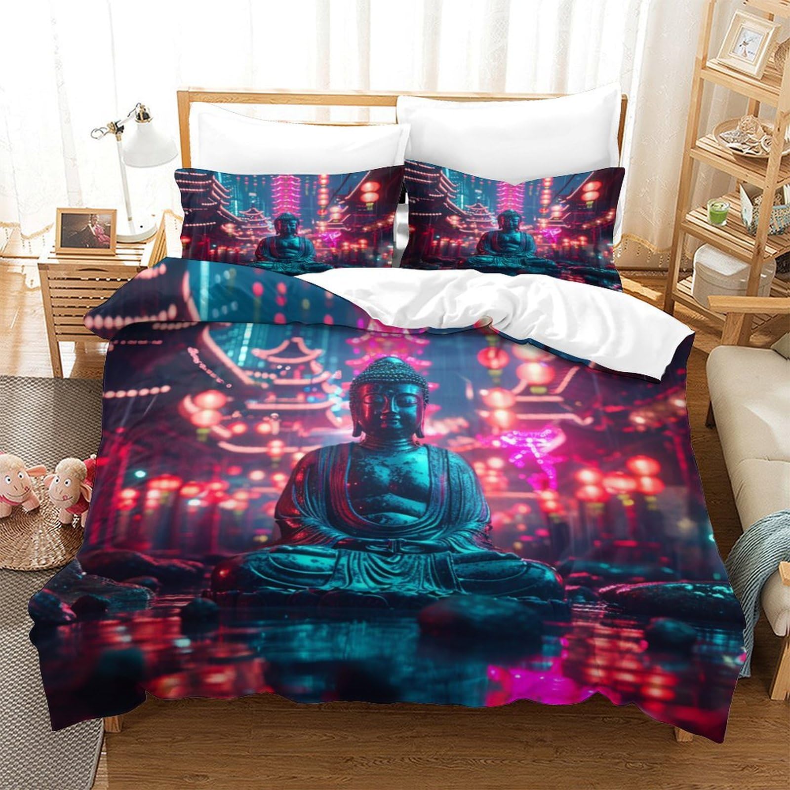 Housse de couette Bouddha anti-allergie en microfibre douce zippée pour lit simple 140