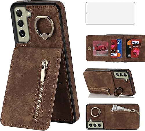 Asuwish Funda de teléfono para Samsung Galaxy S21 FE 5G Funda tipo cartera con protector de pantalla y soporte de tarjeta RFID, soporte de anillo de