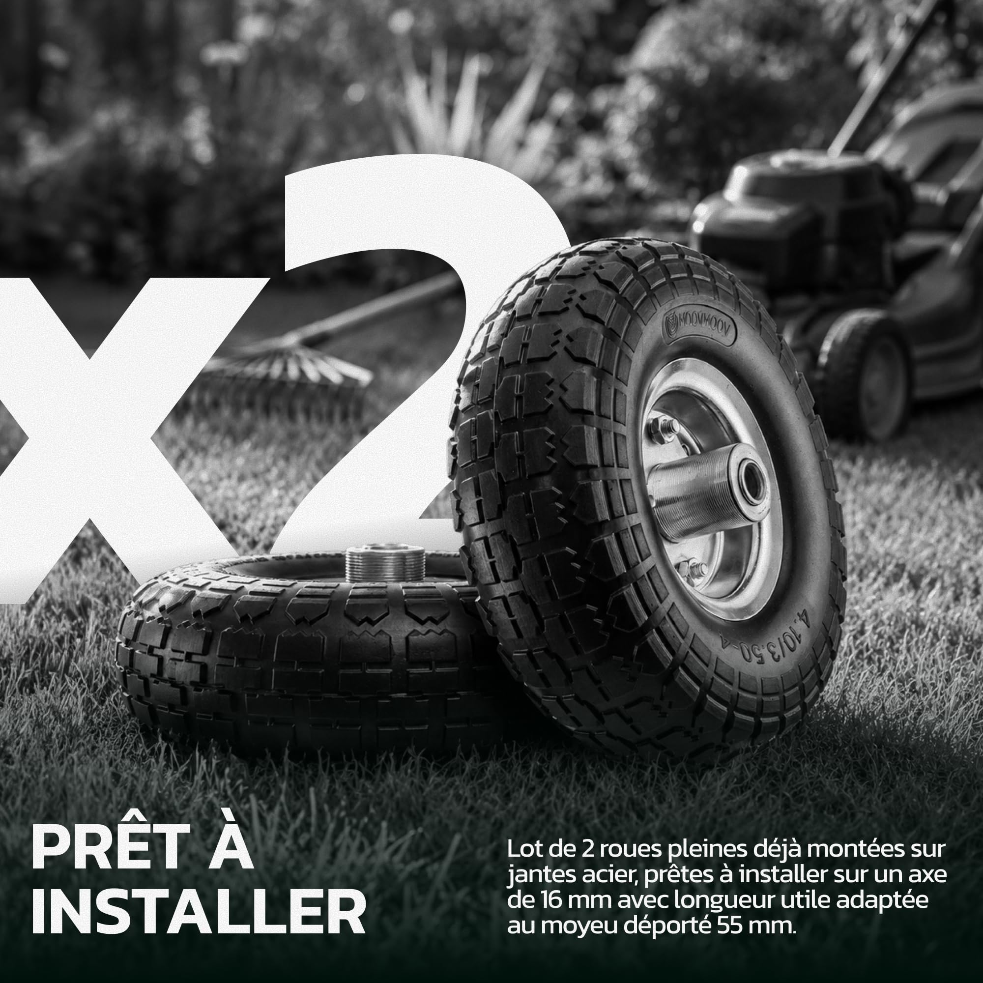 MOOVMOOV Roue Increvable 4.10/3.50-4 (x2) Alésage pour Axe 16mm - Moyeu Déporté 55mm - Pour Diables, Brouettes, Chariots, Etc. - Inclus Bague de Verrouillage + Calotte Autobloquante