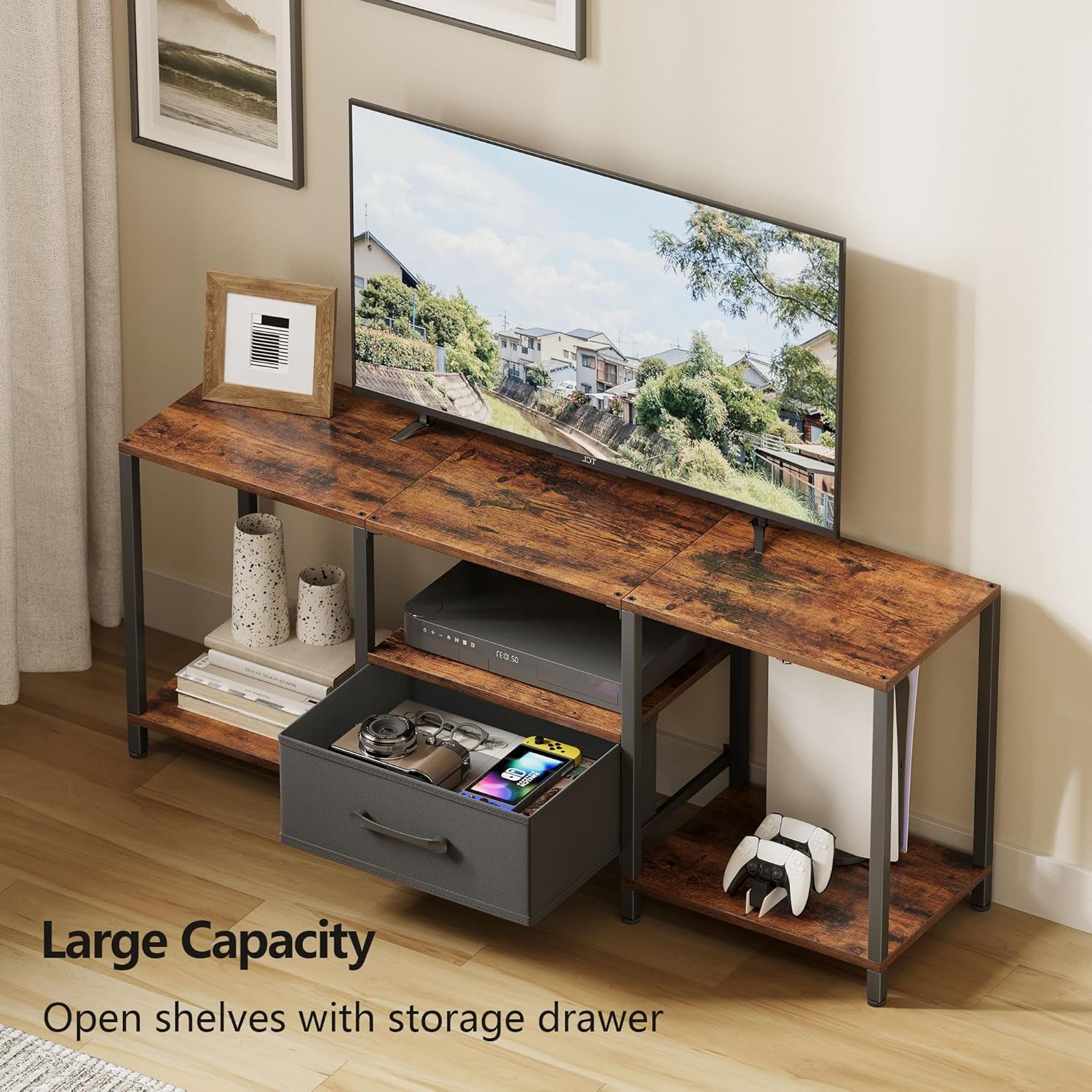 TV Stand with Fabric Drawer for 55 Inch TV, Entertainment Center with Open Shelves, Media TV Console Table for Living Room, Bedroom, Rustic Brown - Image 4