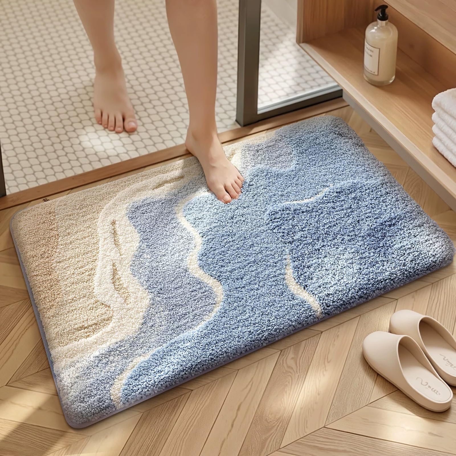 Alfombra de baño 40x60cm/50x80cm/60x90cm/60x110cm Alfombra de baño Antideslizante Lavable a máquina Ducha con súper absorción de Agua Suelo esponjosa Azul marrón(60x110cm(23.6x43.3inch))