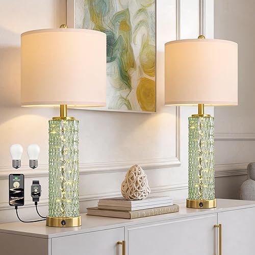 Miniatura 13 de Oneach Juego de 2 lámparas de mesa modernas de 27.75 pulgadas, lámpara de noche dorada con luz nocturna de cristal, USB A+C, pantalla de rejilla