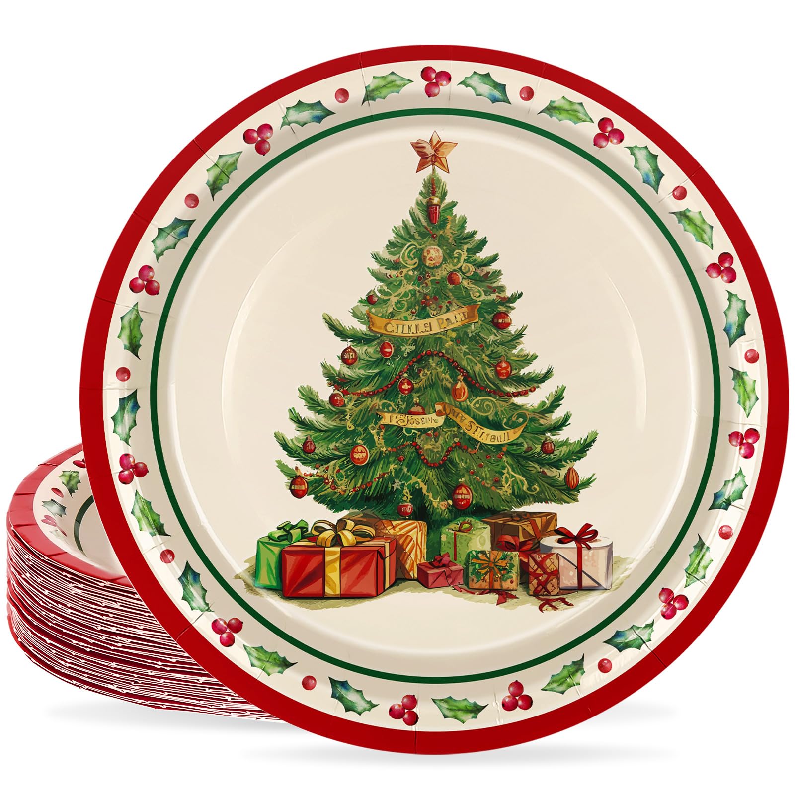 JarThenaAMCS 50 platos de papel de Navidad de 9 pulgadas, platos desechables vintage para árbol de Navidad, platos desechables para Navidad, fiesta de invierno, suministros de vajilla