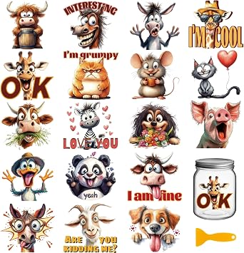 GLOBLELAND 18 Sheets Funny Animals Transfer Stickers 3.9x3.6inch Stupid Animals Decals Stickers Sarcasm Rub on Transfer for Vase Glass Mason Jar Decorations Art Crafts