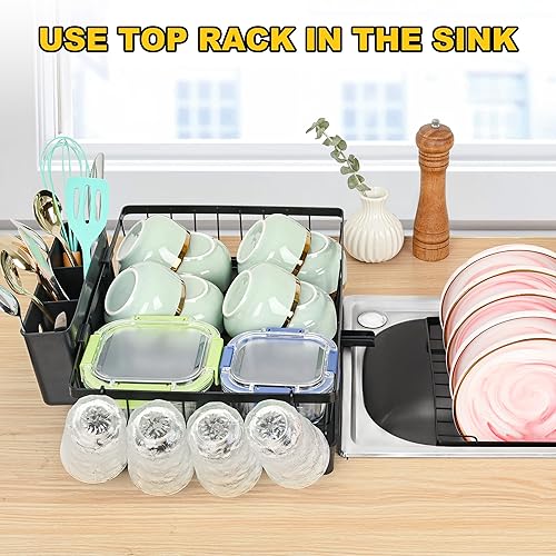 Miniatura 6 de Escurridor de platos con escurridor, escurridor de platos de 2 niveles, fácil de instalar, para encimera de cocina con soporte para utensilios,