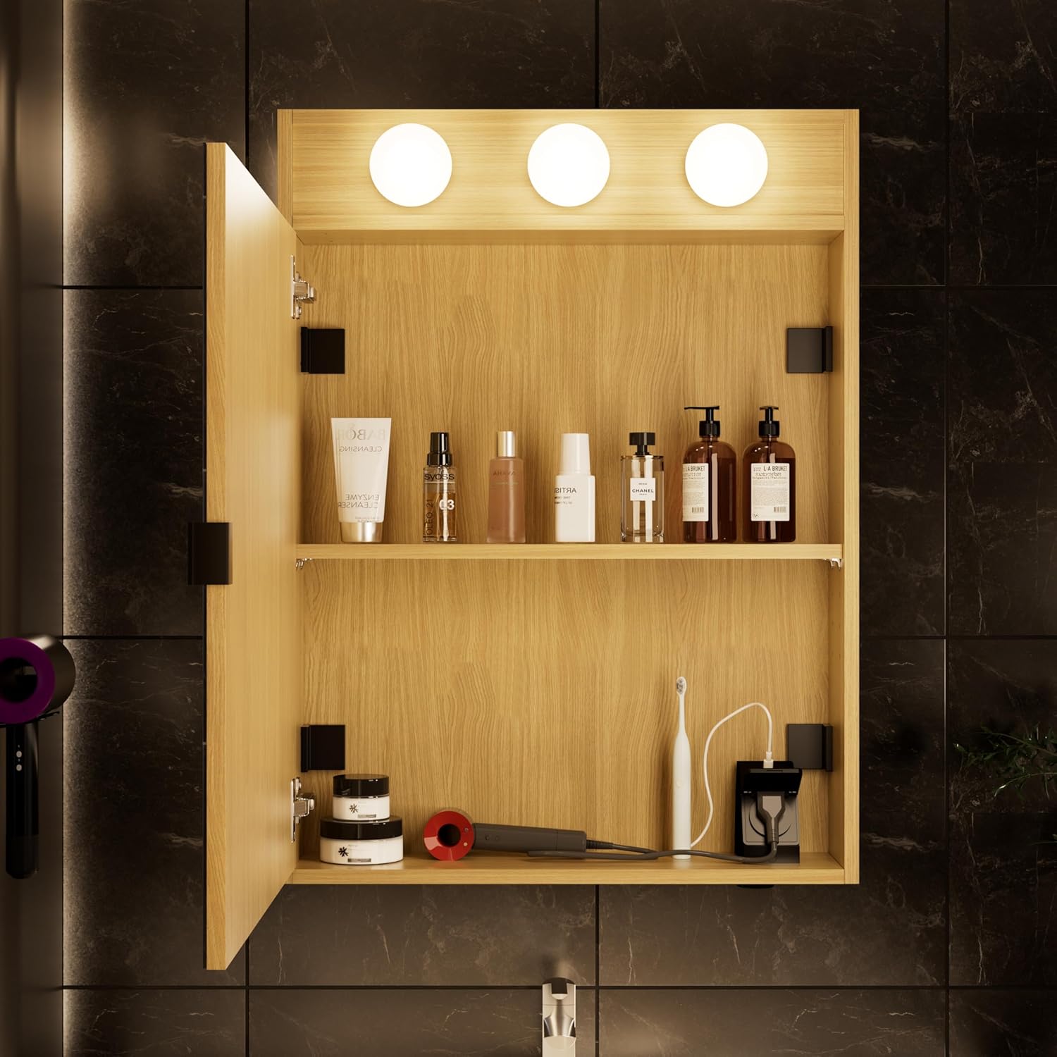 28x20 LED Lighted Bathroom Medicine Mirror Cabinet with Sockets & USBs, Dimmable Light and Color Adjustment, LED Bulbs, Easy to Install