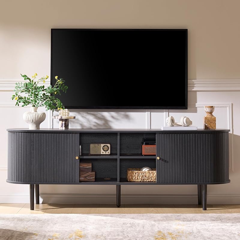 AMERLIFE 70" Mid-Century Modern Fluted TV Stand with Storage, Black image 6