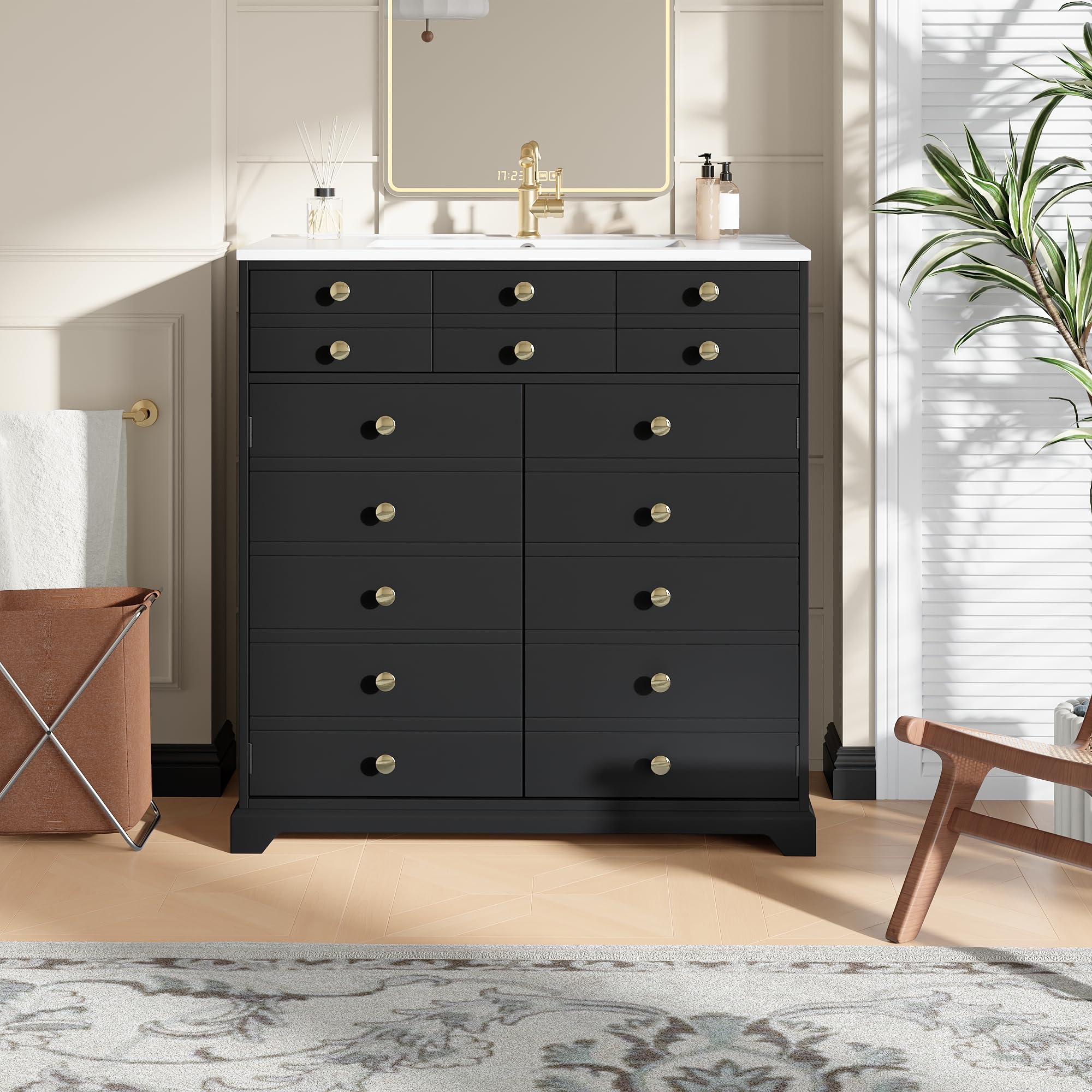 Waschbeckenschrank mit Vielseitiger Stauraum, Badezimmerschrank mit 2 Schubladen und Verstellbare Einlegeböden, Keramikwaschbecken, Moderner Badmöbel, Schwarz-D, 91.5x47x86.5 cm