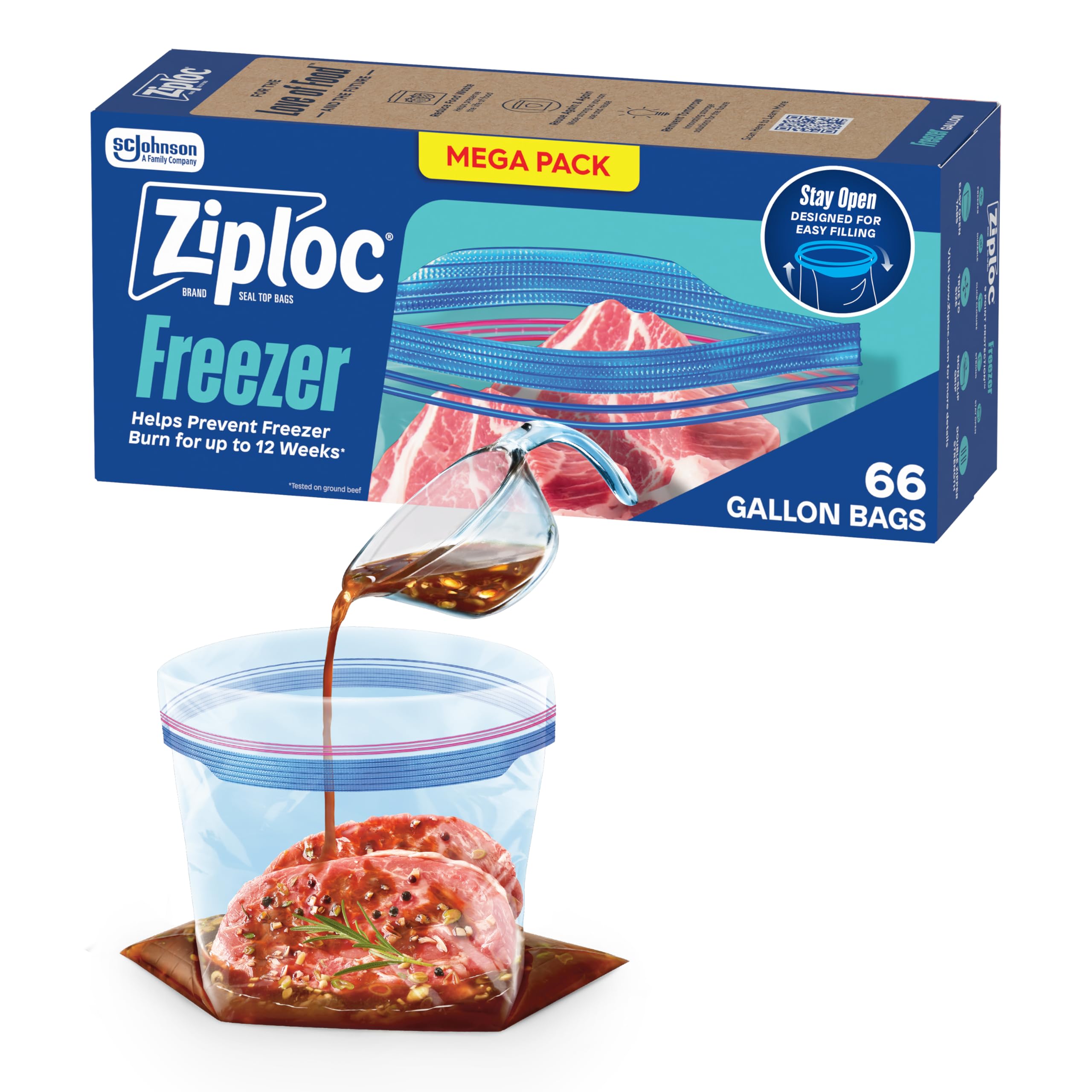 Ziploc Gallon Food Storage Freezer Bags with Open Design, Stand Up Bottom, Easy Packing, 66 Total Bags