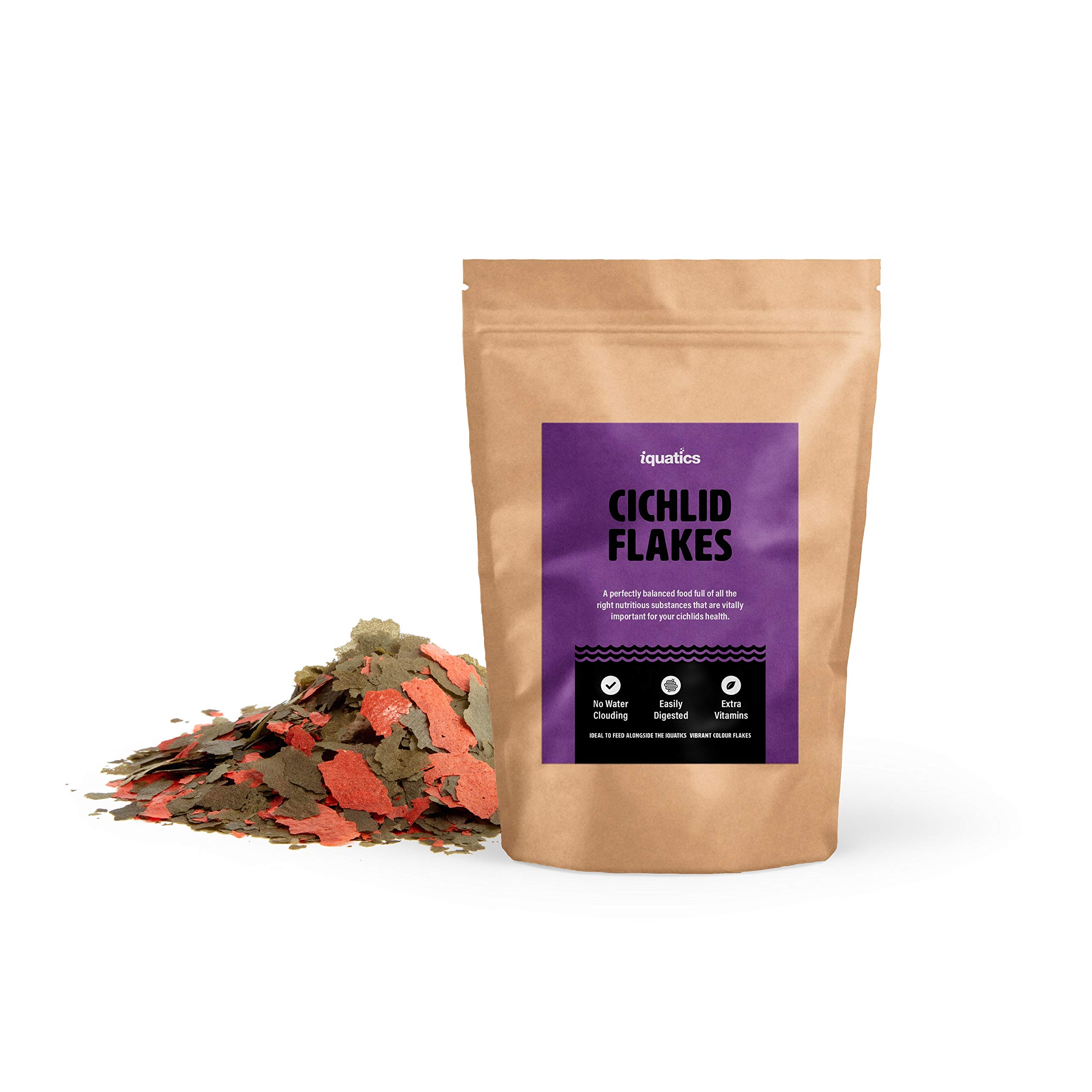 iQuatics Cichlid Nutritional Colour Enhancing Daily Fish Food Flakes - Improves Colour and Health - 15G