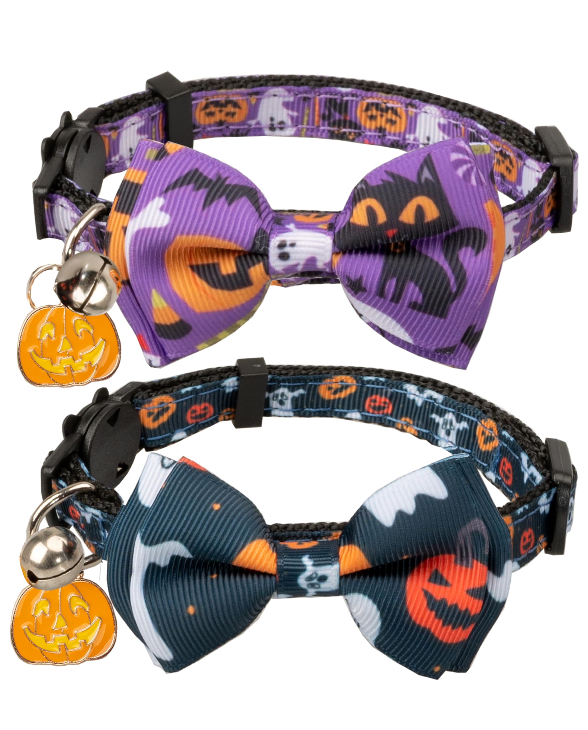 Gyapet Halloween Cat Collar Set Pumpkin Ghost Charm Pendant Festive Orange Purple Bow Tie Safety Bell 2pcs B Halloween