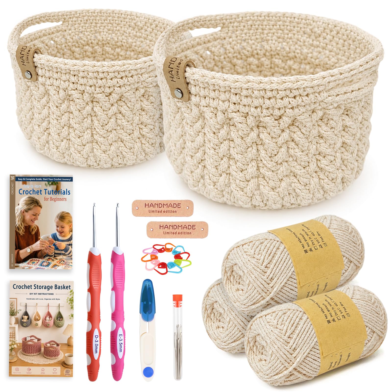 Yarnger Crochet Basket Kit, 2 Round Basket Crochet Kit with Thick Cotton Yarn, Crochet Hooks, Step-by-Step Instruction, Practical Crochet Kit for Beginners, Perfect Craft Kit for Home Storage, White