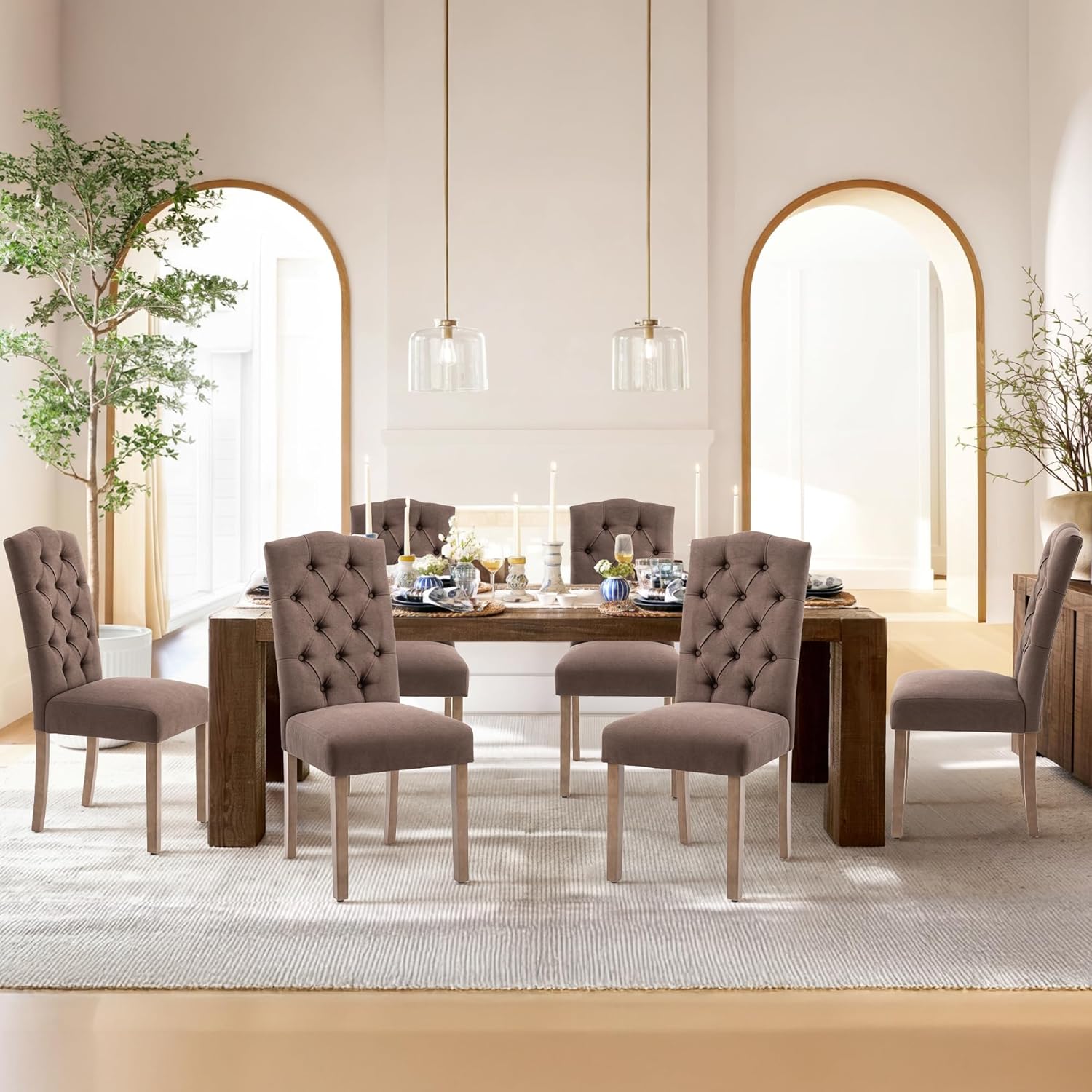Tufted Upholstered Parsons Dining Chair Set Fabric Diner Accent Stylish Modern Kitchen Living Room with Button Sturdy Solid Wood Legs, 6-Pack
