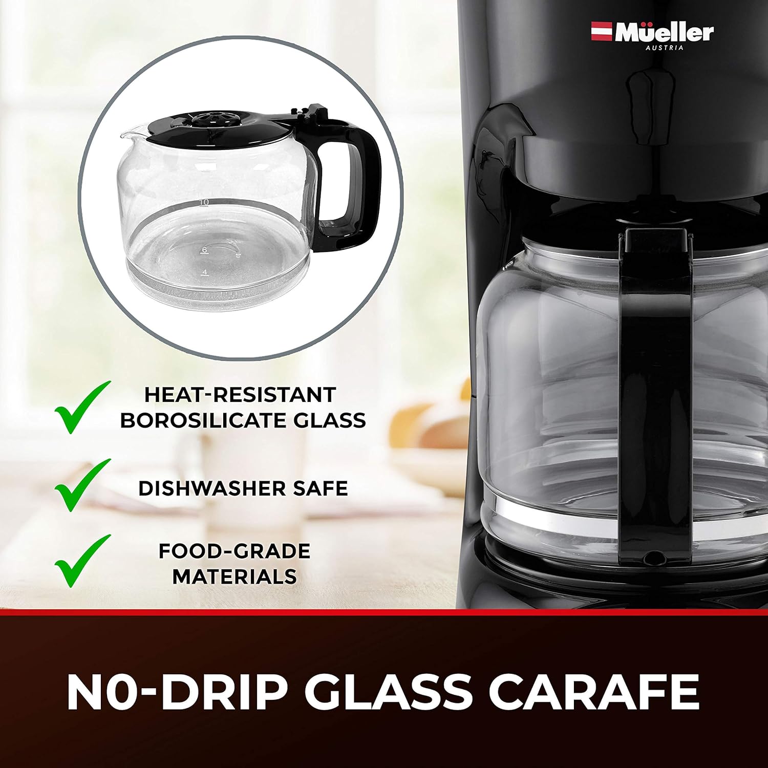 Mueller 12-Cup Drip Coffee Maker, Auto Keep Warm Function, Smart Anti-Drip System, with Durable Permanent Filter and  Borosilicate Glass Carafe, Clear Water Level Window Coffee Machine: Home & Kitchen