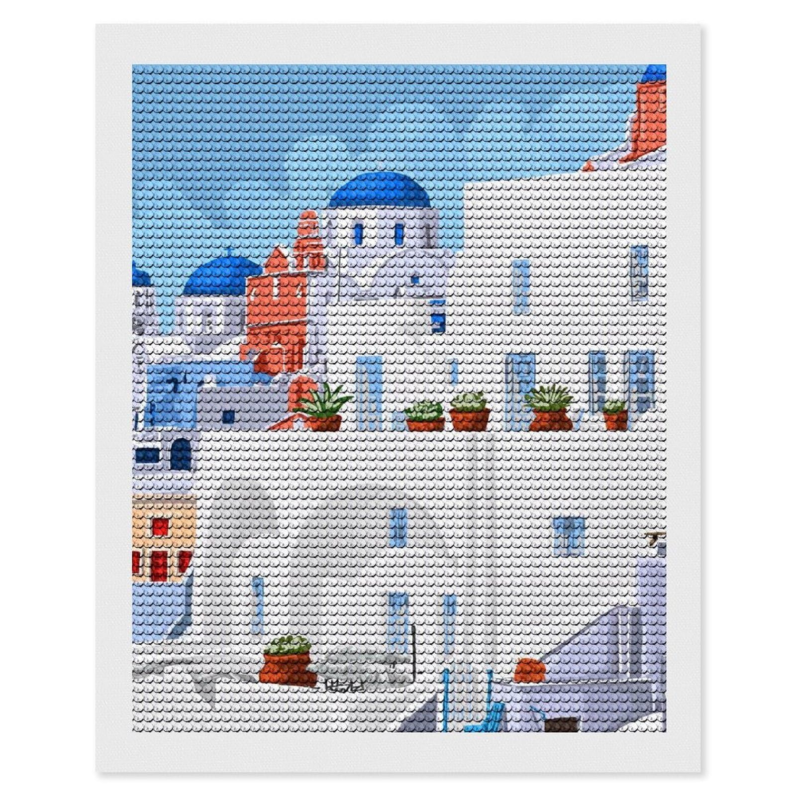 Junmoney The Santorini Vacay Round Drill Diamond Painting 16"x20", for Adults, Creative Leisure Activity, Office Decor, Holiday Gift Idea