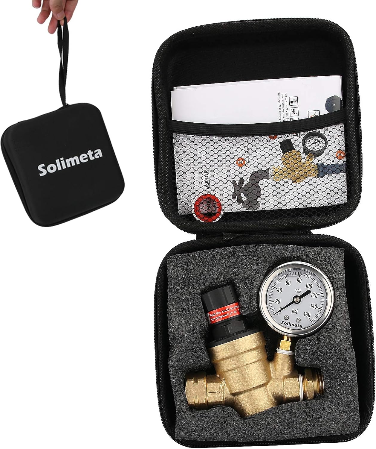 Solimeta Handle Adjustable Lead-Free Brass RV Pressure Regulator, Pressure Reducer with Liquid Filled Pressure Gauge 160psi and Inlet Screened Filter for Camper, Trailer, RV, Garden, Plumbing System : Automotive