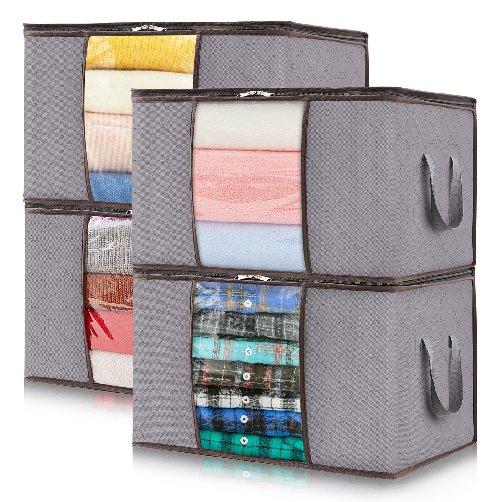 Lifewit 4 Piezas Bolsas Almacenaje Ropa 50L, Cajas Almacenaje Plegable, Bolsas para Guardar Ropa, Cajas Mudanza, Organizador Armario Para Ropa, Mantas, Juguetes, Gris Claro