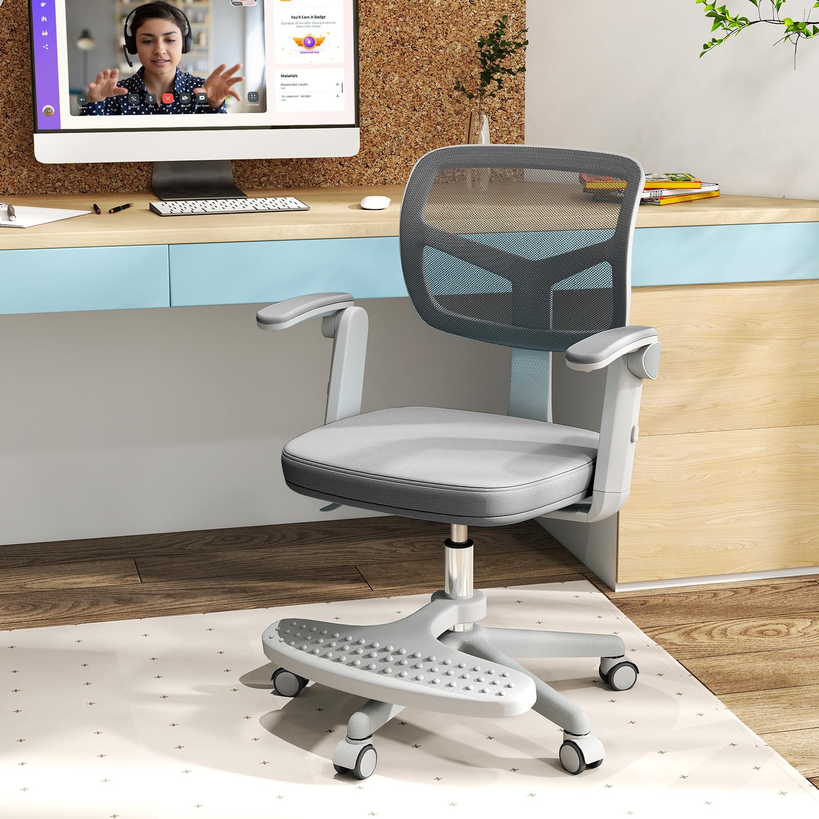 LIFEZEAL - Silla de Oficina Infantil Giratoria 360° con Reposapiés, Silla de Estudio con Altura Ajustable, Apoyabrazos Elevables, Silla Ergonómica para Niños, Carga 150 kg (Gris)