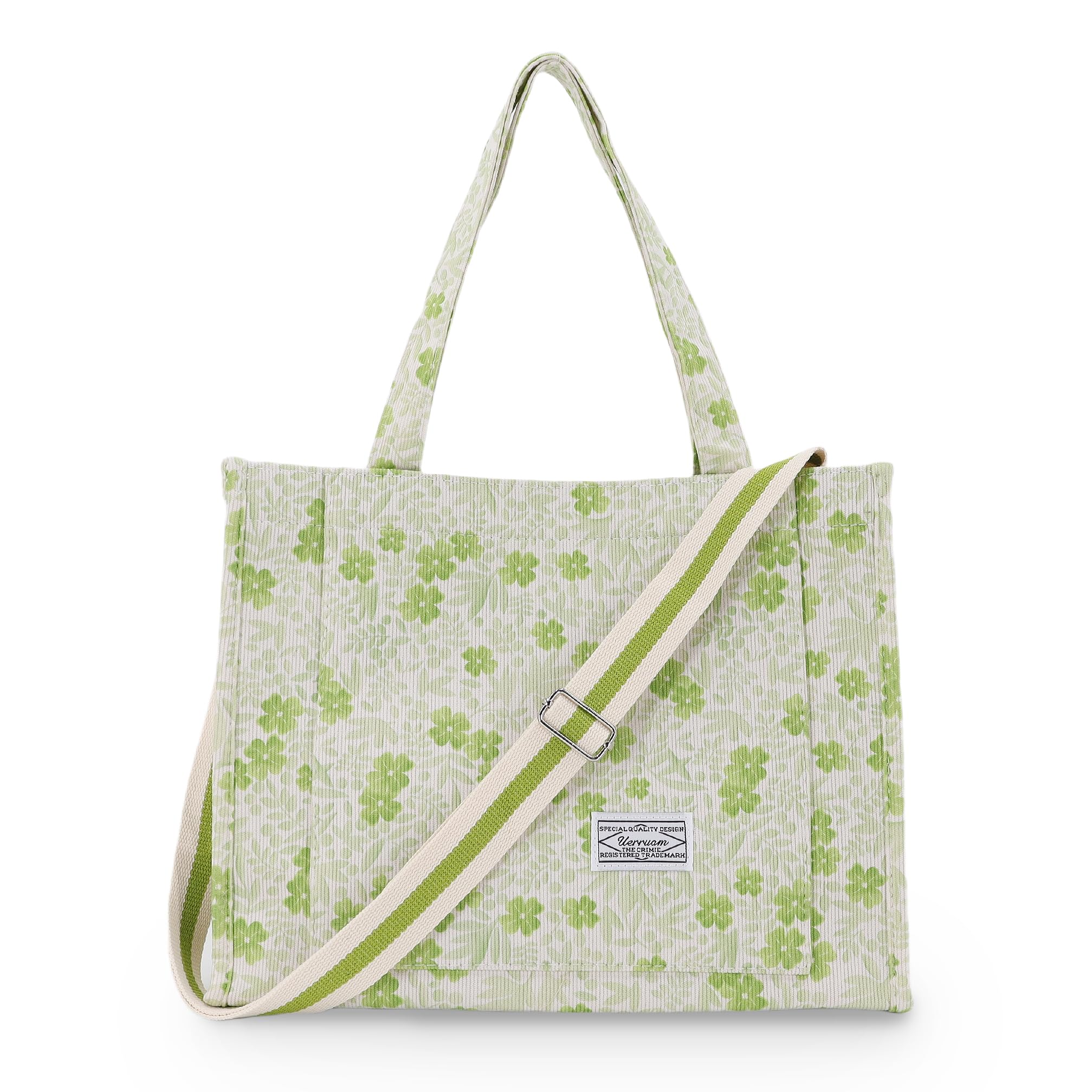 UERRUAM Tote Bag for Women with Compartments,Large Corduroy Tote for Work Travel College Book Bag Hard Bottom Crossbody Bag