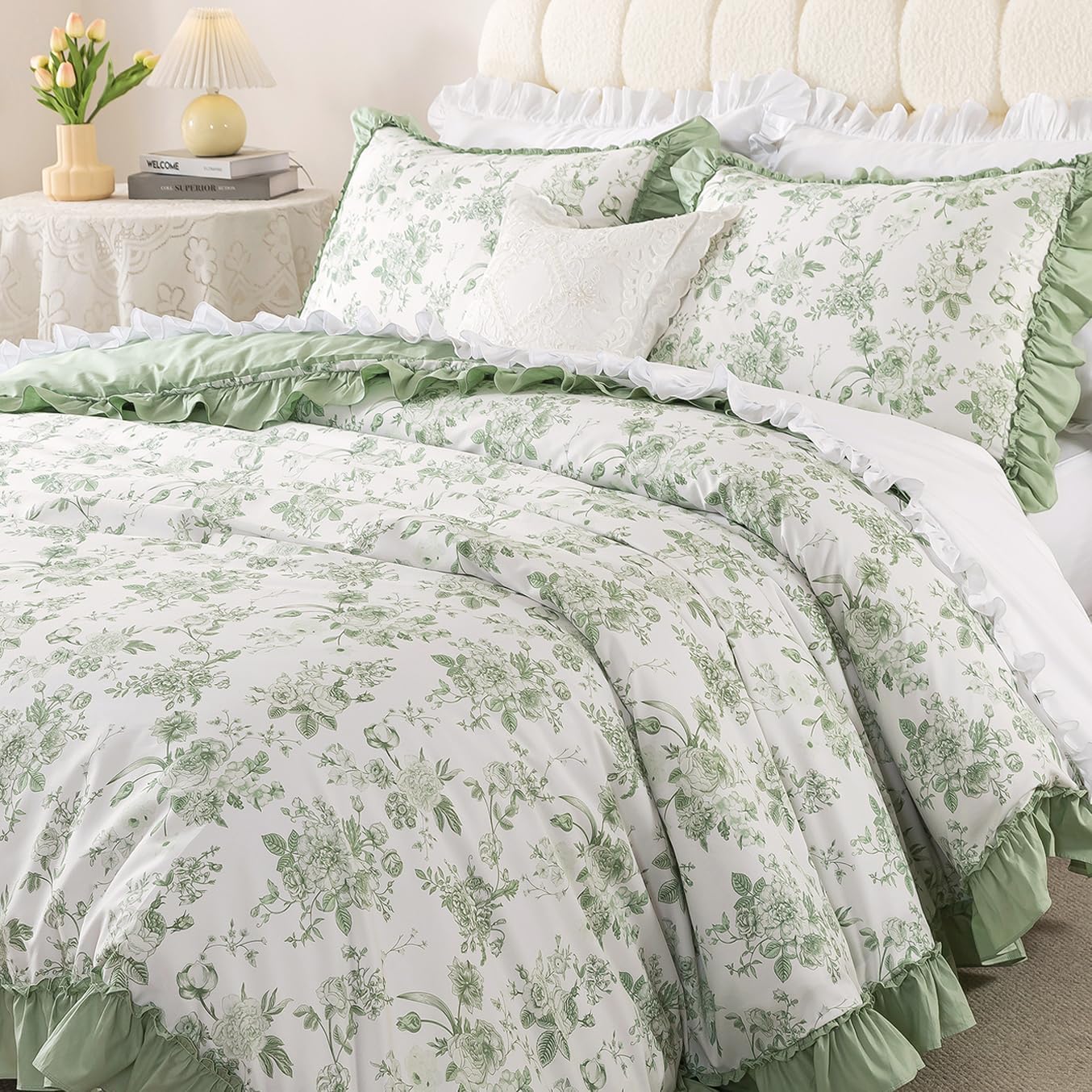 USTIDE 100% Cotton Soft Bedding Duvet Cover Set, Sage Green Grandmillennial Floral Toile with Ruffled Edge, Peony & Rose Style, Double Size โ image 1