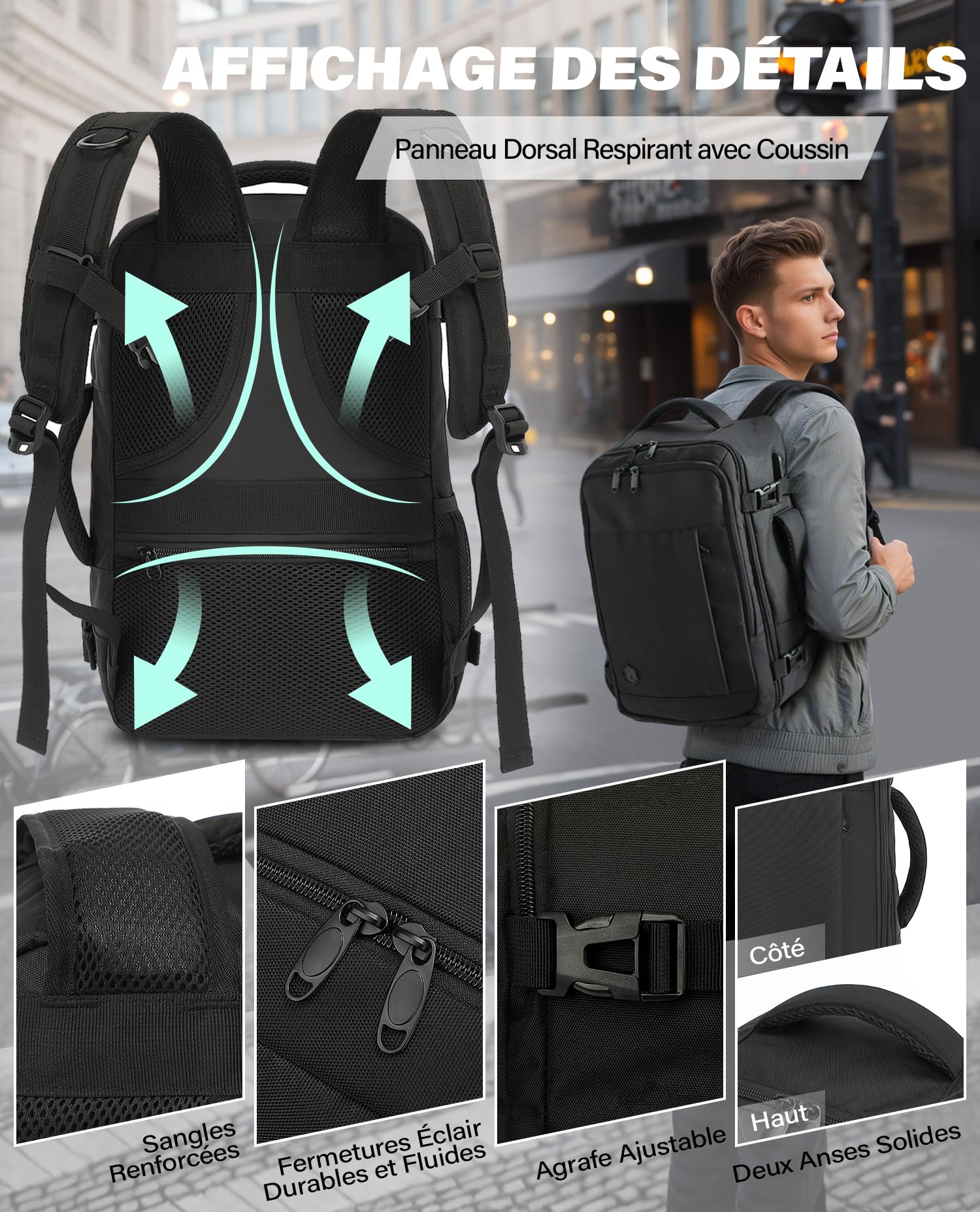 VANKEV Sac à Dos Voyage Cabine Avion 45x36x20 Pour Easyjet 30L Bagage à Main Femme Homme Sous Siege Cabine Sac à Dos Pour Ordinateur Portable 15.6 Pouces Noir
