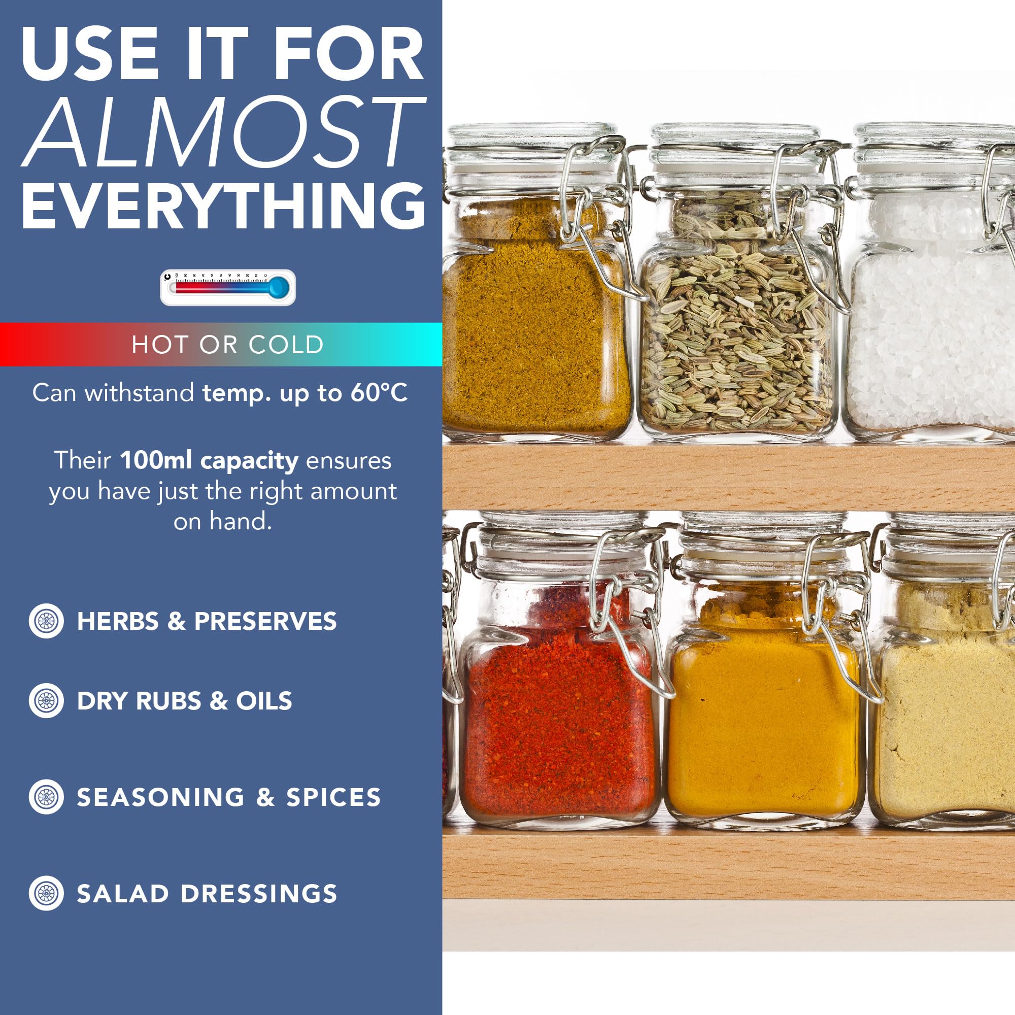 HEFTMAN Tarros de vidrio con tapa de clip, 24 tarros de especias de 100 ml con tapas y etiquetas, tarros de vidrio pequeños con tapas