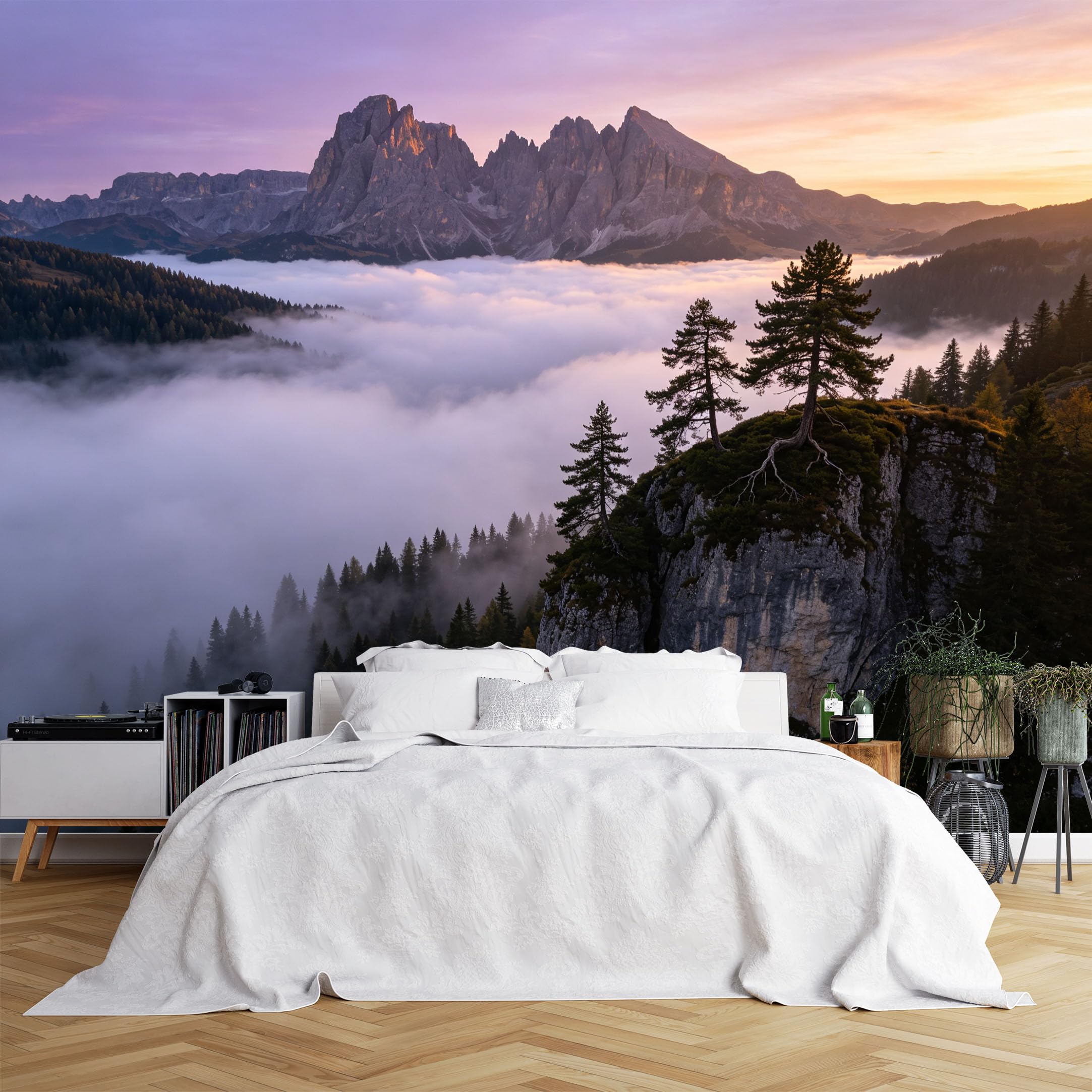 Custom Size Wall Murals Alpine Mountain Peaks Above Misty Clouds, Realistic Self-Adhesive Wall Fabric (NO PVC) Removable Wallpaper for Living Room, Bedroom