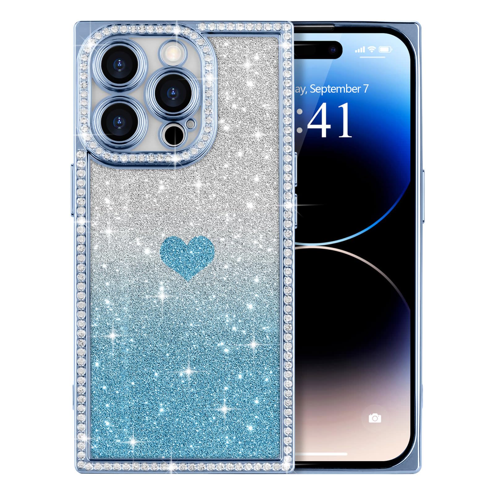 ROSEHUI Rectangular Case for iPhone 14 Pro Max Clear Bling Diamond 3D Rhinestone Phone Case, Glitter Love Heart Design Camera Protection Soft TPU
