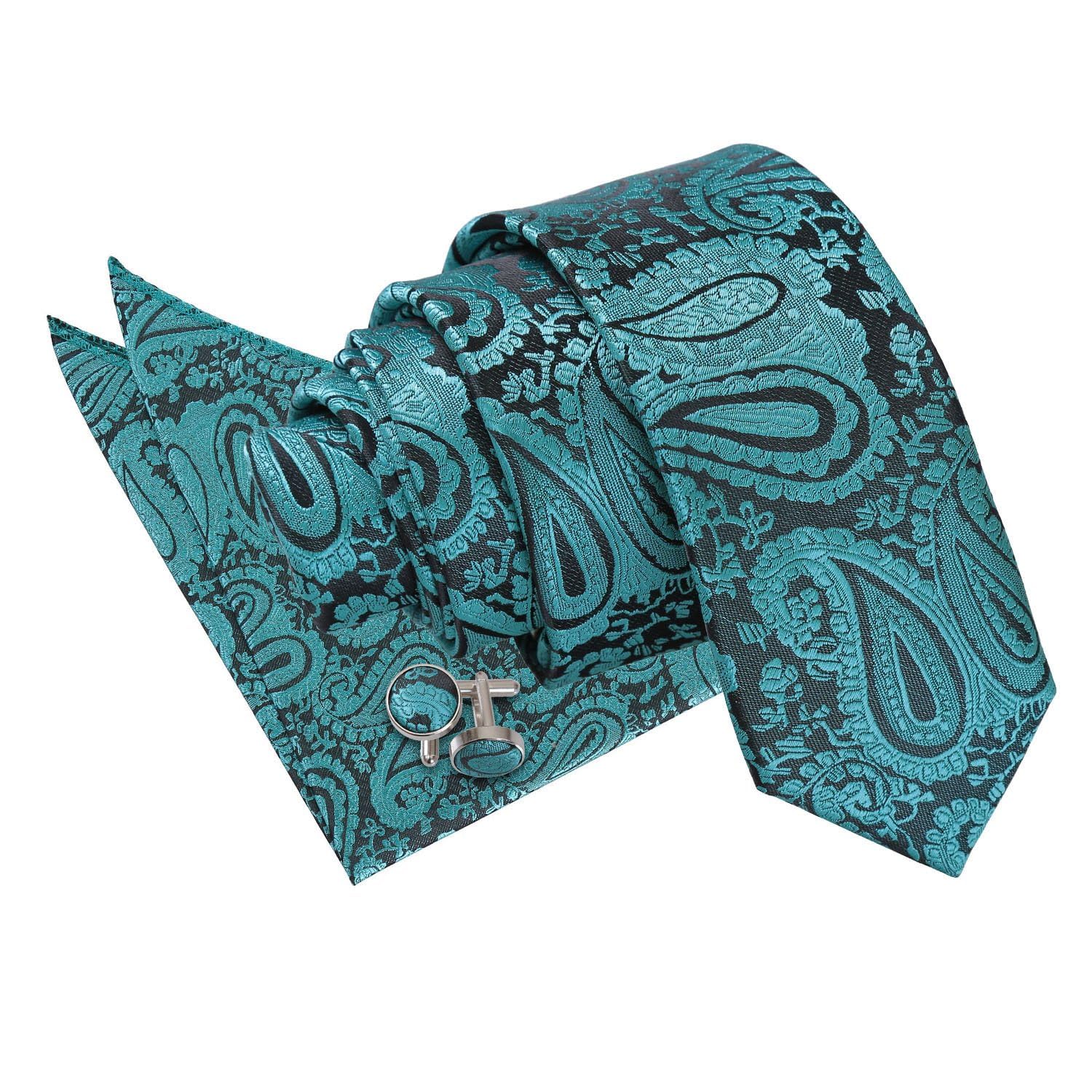 DQT Mens Paisley Floral Jacquard Slim Tie, Pocket Square & Cufflinks Set (3pc) - Wedding, Business & Formal - Teal