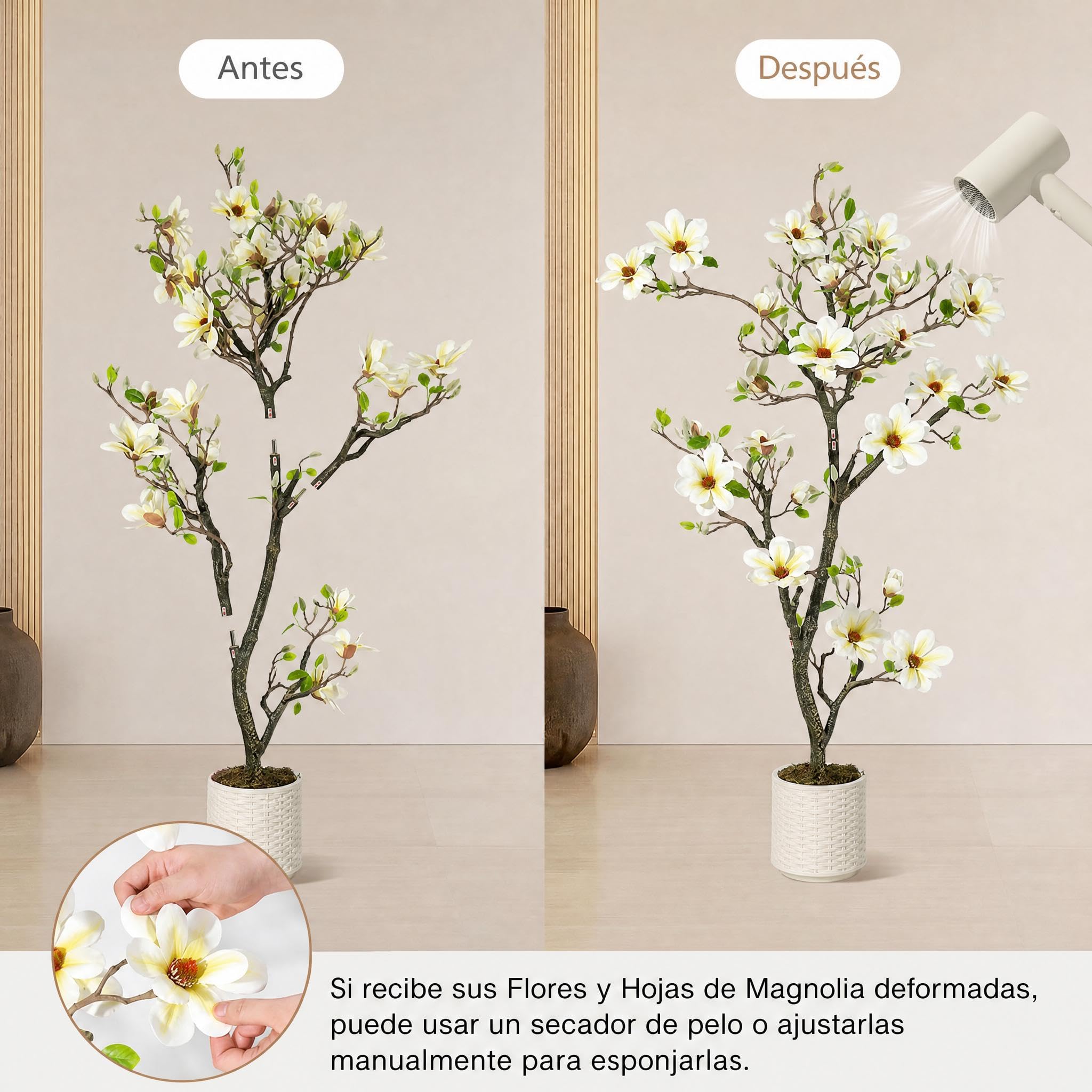 Garvee Árbol Artificial de Magnolia 150cm, con Maceta Blanca, Plantas Artificiales Decorativas para Interior, Salón, Patio, Hogar, Oficina, Porche o Vestíbulo de Hotel, 150cm