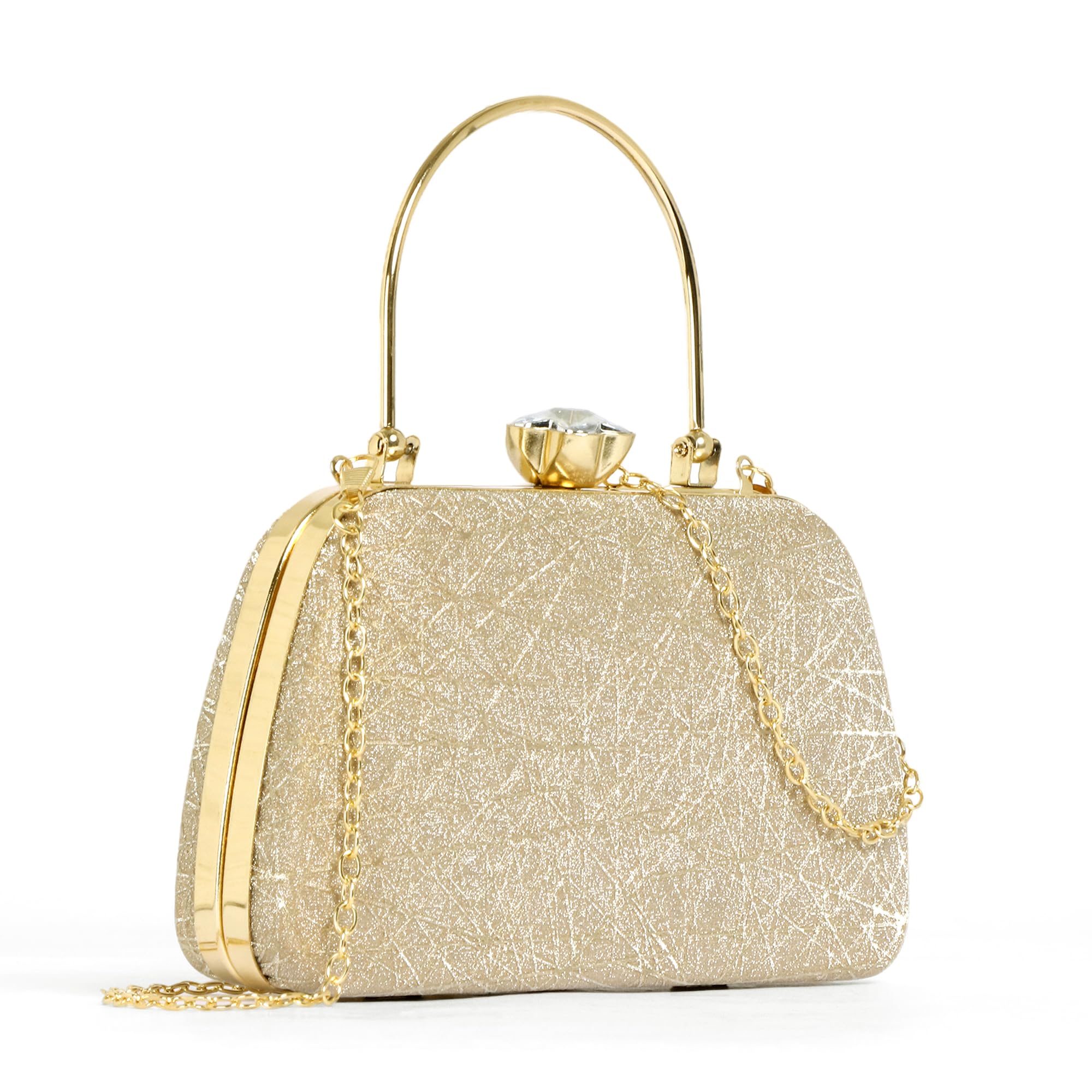Women’s Gold Bridal Clutch | Hand-held & Sling Bag | Spider Web Work Design | Crystal Twist Clasp | Synthetic Party Box Clutch with Detachable Chain Strap