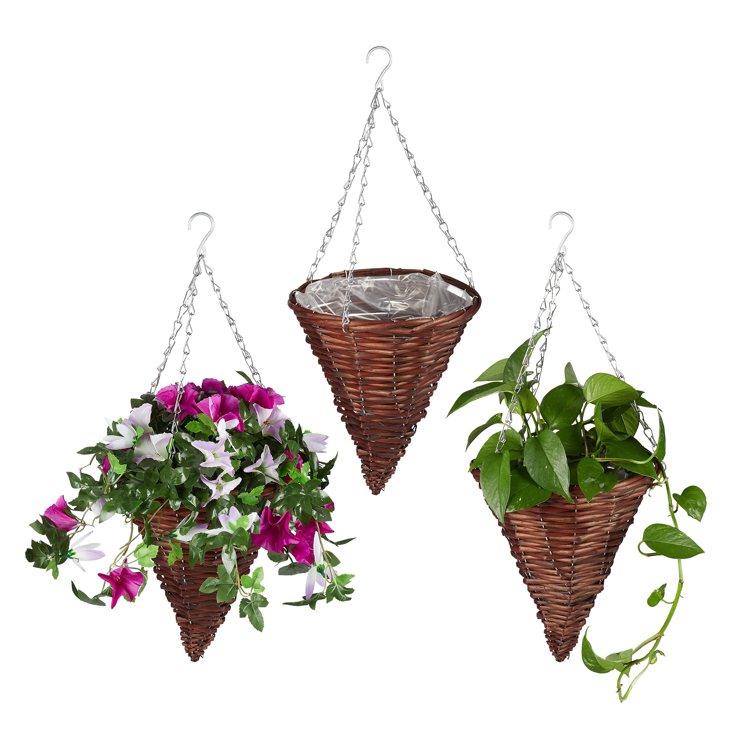 relaxdays Suspension pour Plantes en Lot de 3, Panier tressé en Osier, Fait Main, Pot de Fleur HxD 30 x 25 cm, Brun