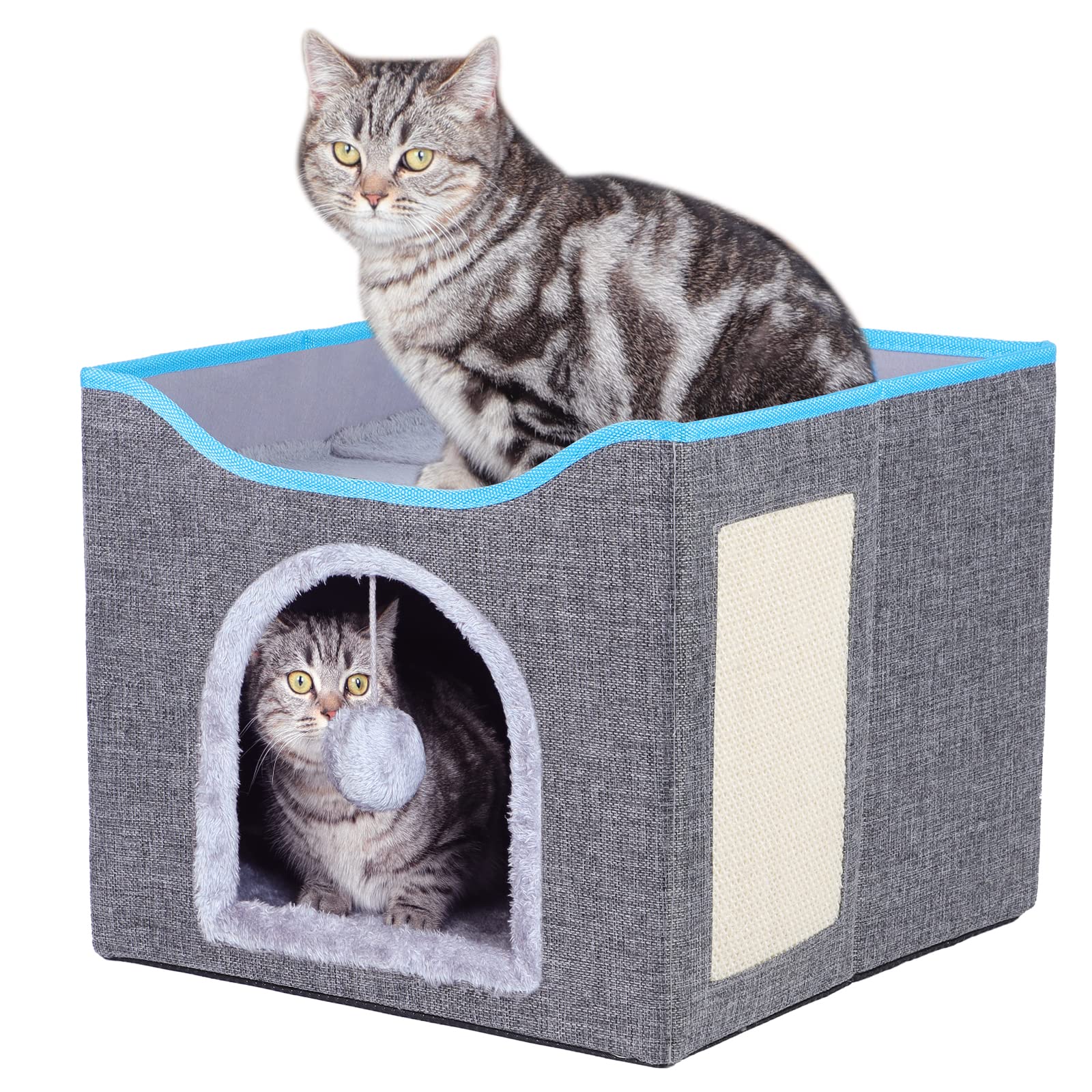 NeoStyle Foldable Cat House with Scratcher,Cat Bed for Indoor Cats,Cat Nest,Foldable Cat Cube Cave,Large Pet Play House with Fluffy Ball Hanging,Scratch Pad (1-piece, grey)