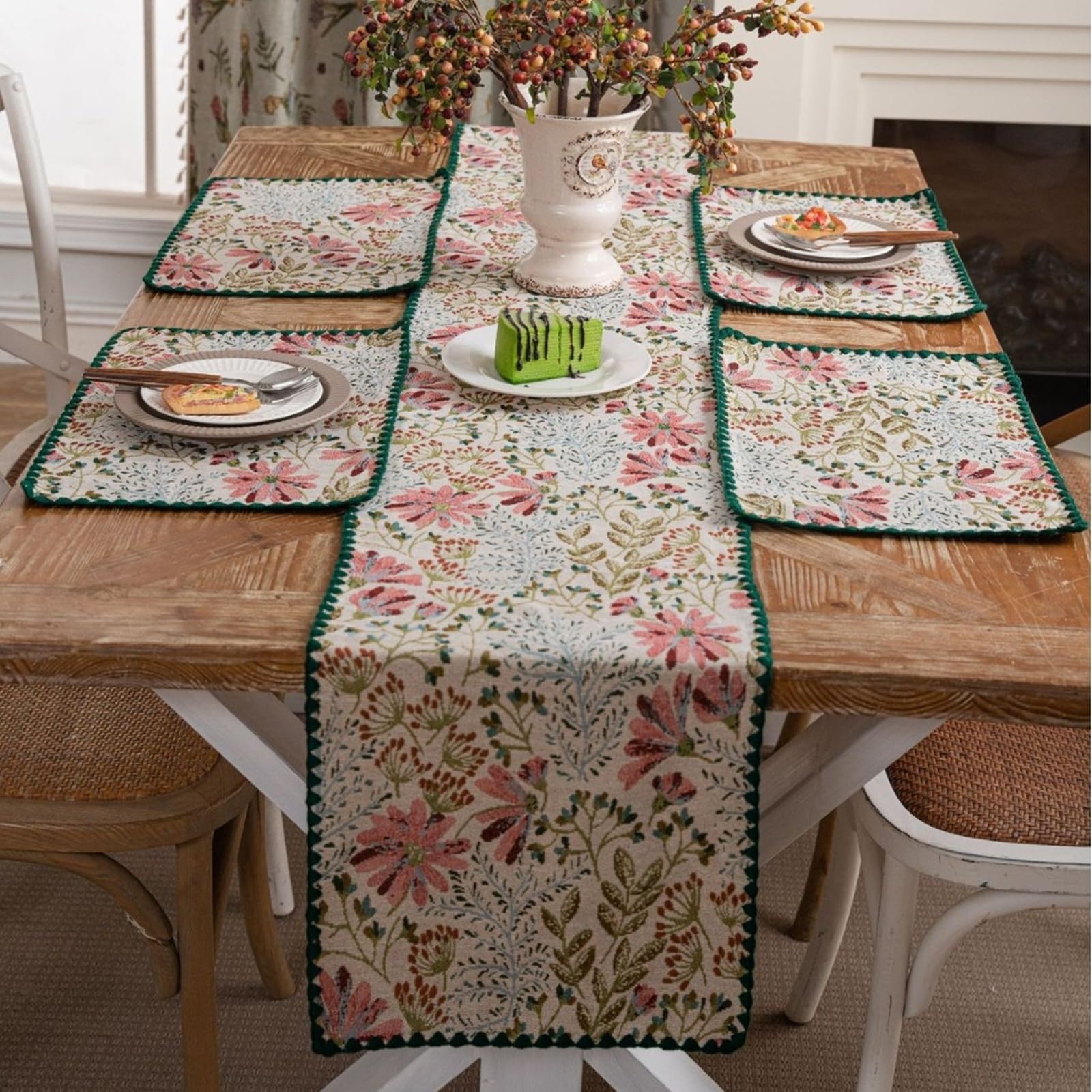 Tischläufer Polybaumwolle Landhausstil, Tischläufer Wohnzimmer 30x275 cm, Jacquard mit Blumen- und Blättermotiv