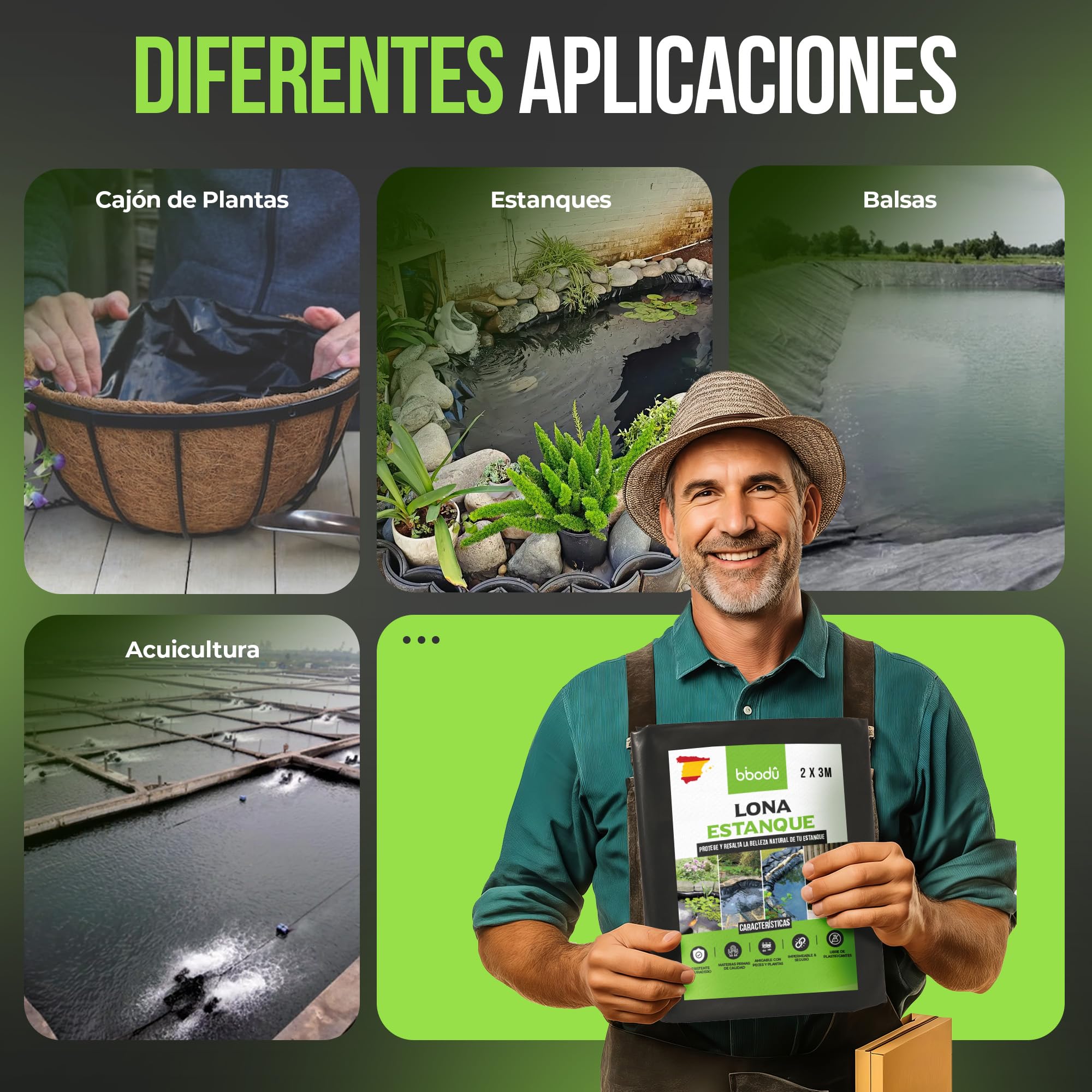 Lona Estanque PVC 2M x 3M - Color Negro | Lona HDPE para Estanques de Alto Rendimiento | Grosor 0.2 mm - Galga 800 Estanques de Peces, Fuentes, Jardines y Cascadas