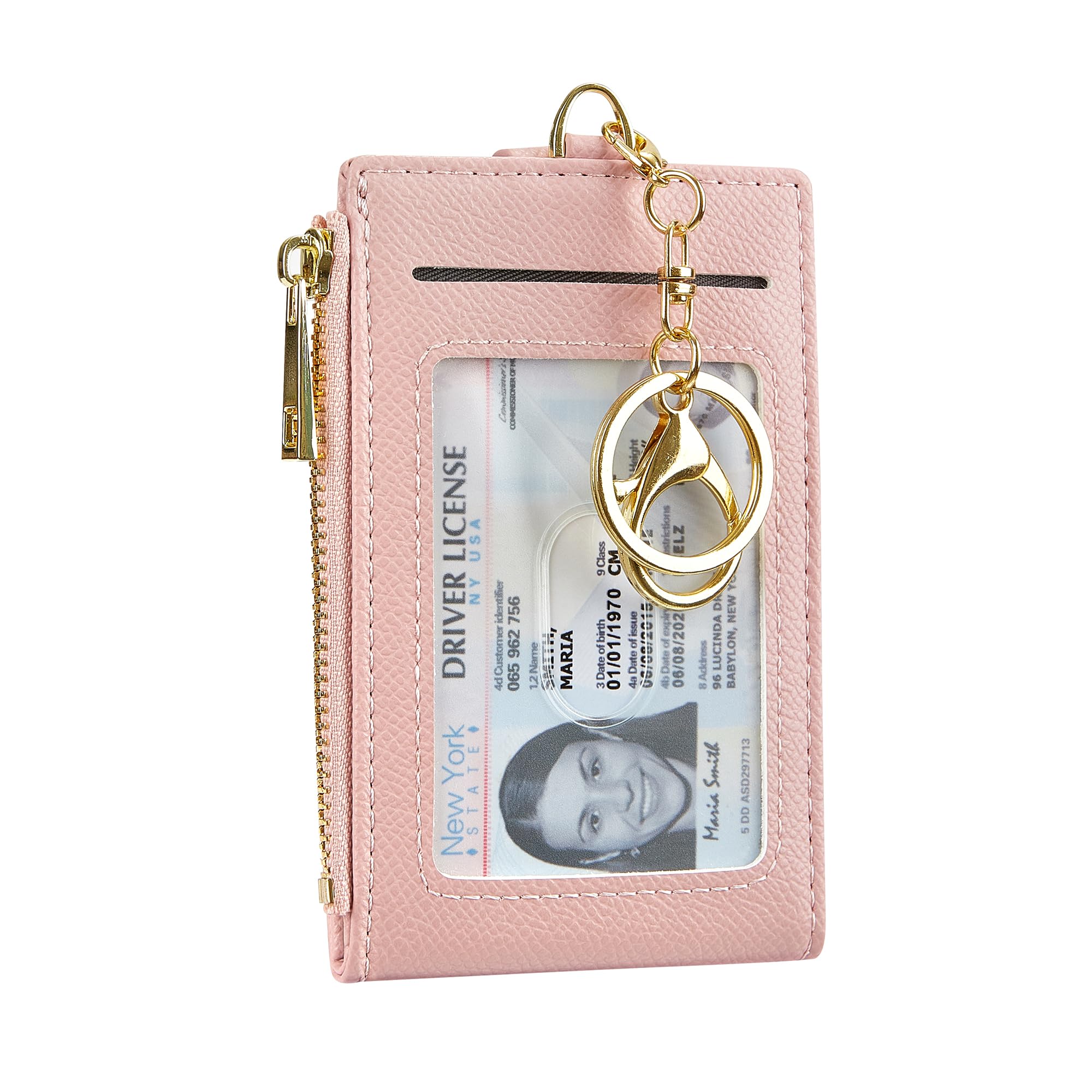 Kobiety i mężczyźni skórzane etui na karty blokujące RFID wąski mały zamek błyskawiczny brelok przednia kieszeń portfel z 2 okienkami na dowód osobisty, różowy, Jeden rozmiar, Minimalistyczny