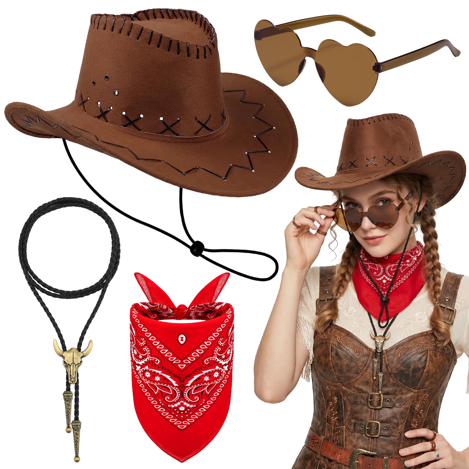 4Pcs Western Cowboy Hat Set for Adult, Unisex Cowboy Dress Up Kit with Wide Brim Hat Paisley Bandanna Heart Shape Sunglasses Necklace for Country Music Festivals Carnival Theme Parties (brown-2) — image 1